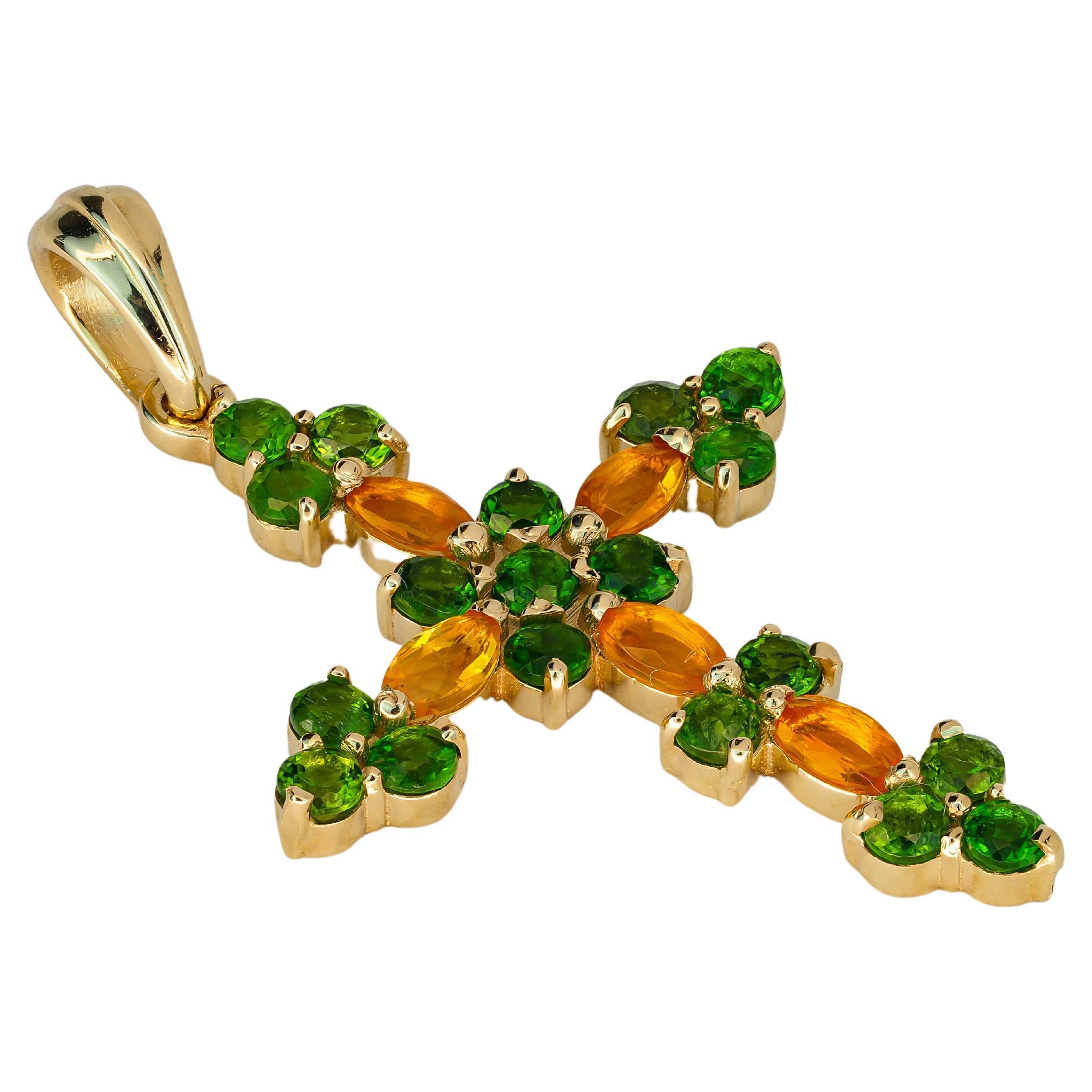 Modern 14k Gold Cross Pendant with Colored Stones Fire Opals and Tsavorites For Sale