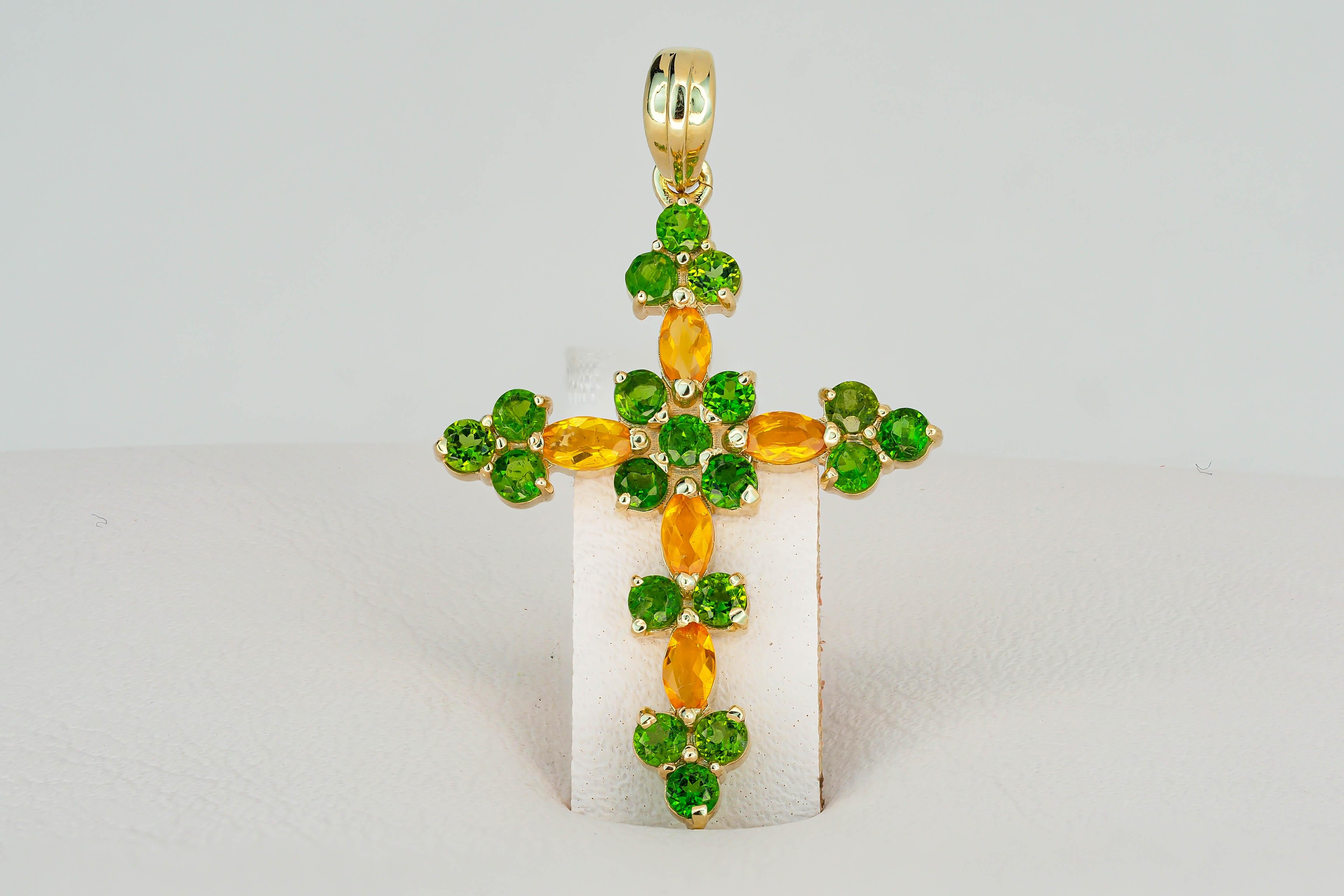 14k Gold Cross Pendant with Colored Stones Fire Opals and Tsavorites In New Condition For Sale In Istanbul, TR