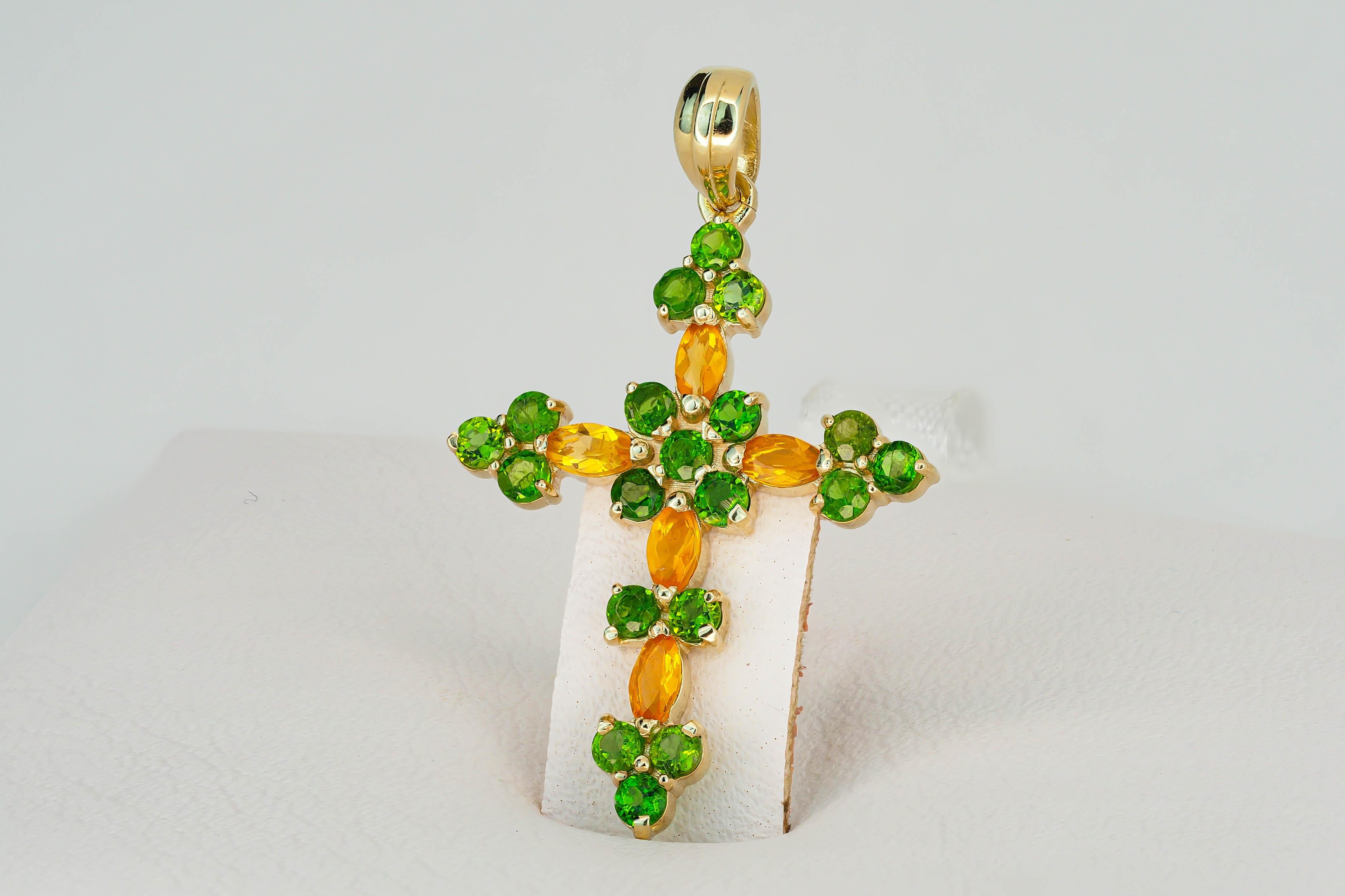 Women's 14k Gold Cross Pendant with Colored Stones Fire Opals and Tsavorites For Sale