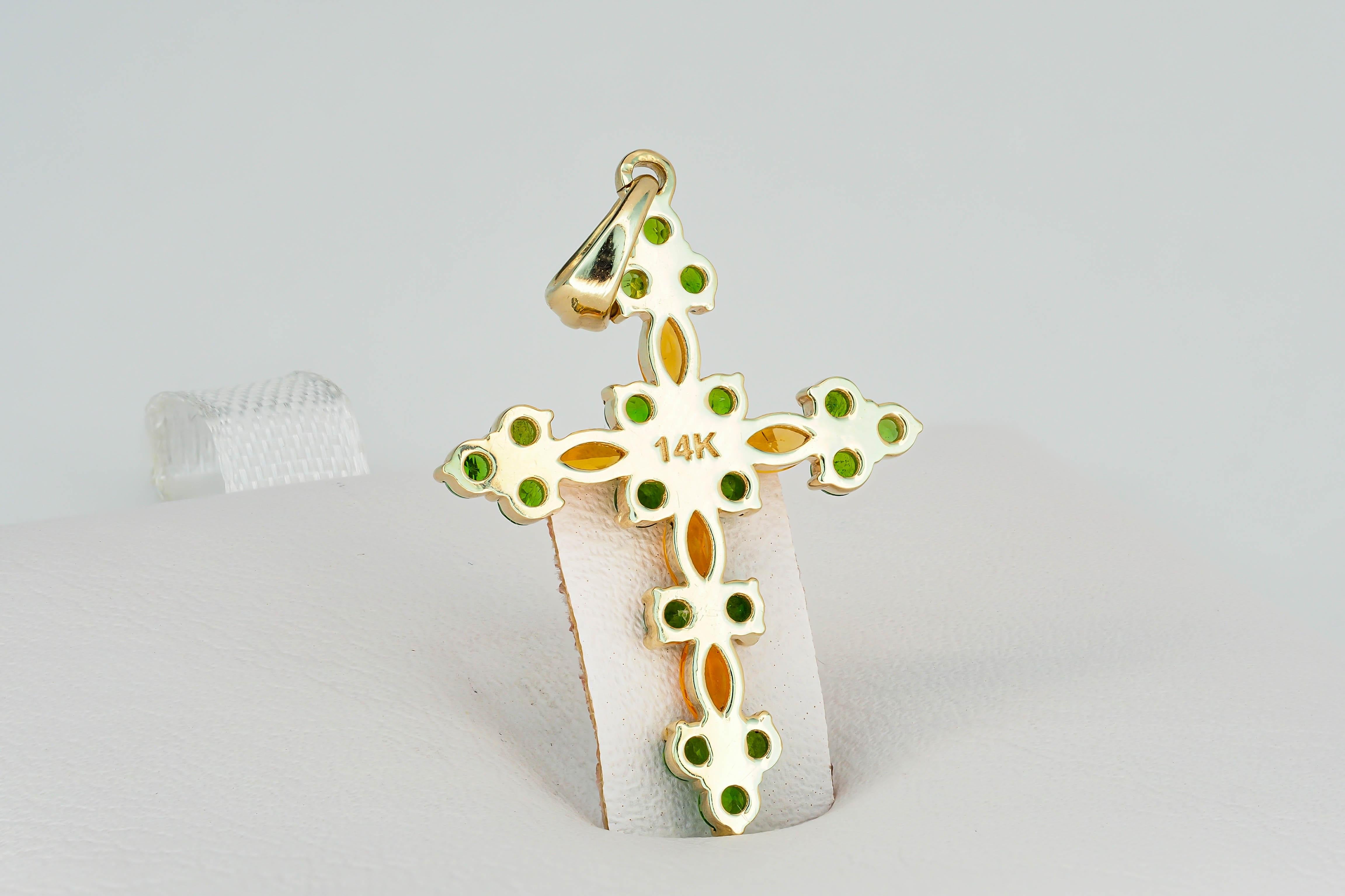14k Gold Cross Pendant with Colored Stones Fire Opals and Tsavorites For Sale 1