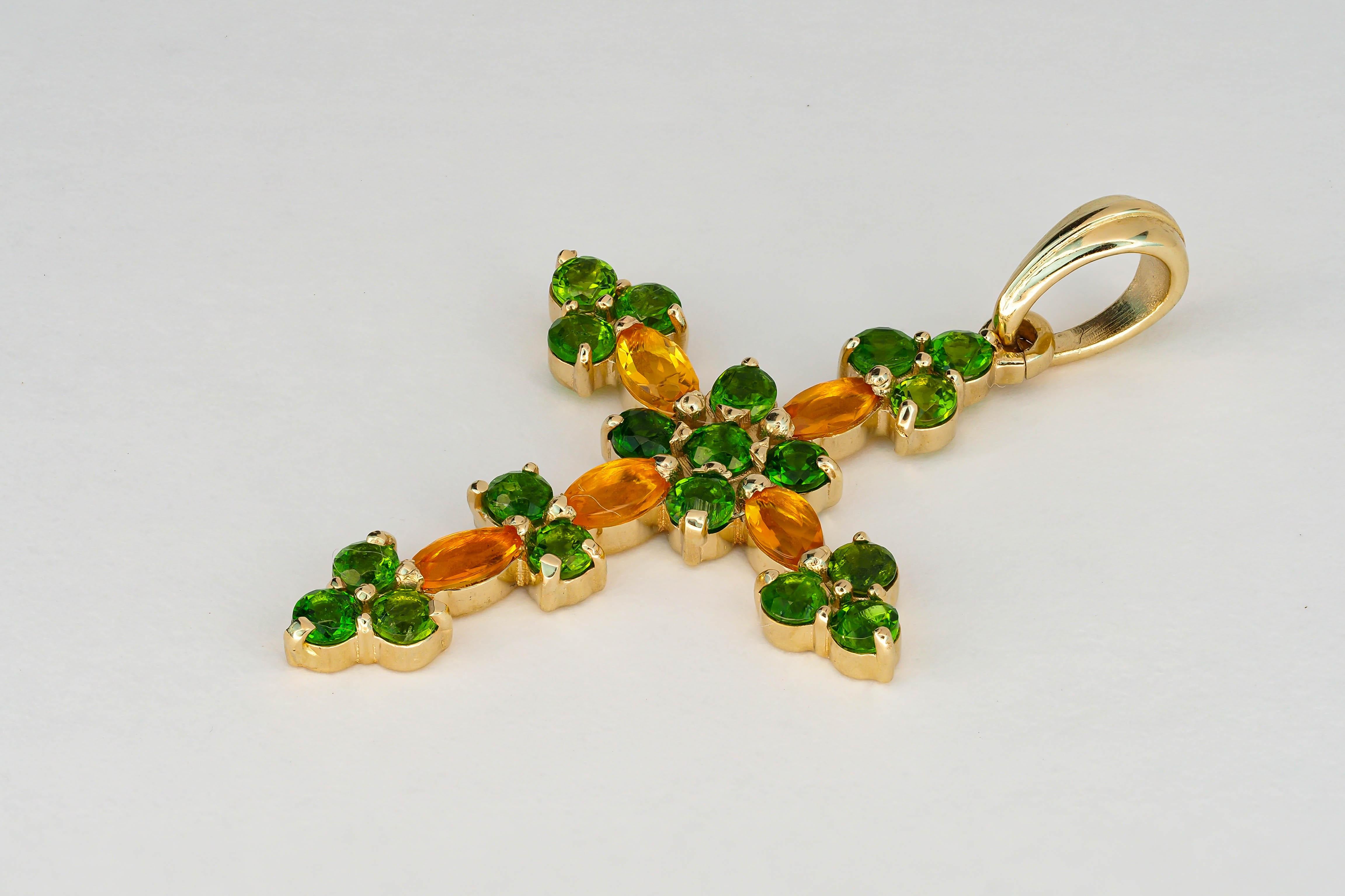 14 Karat Gold Kreuz-Anhänger mit farbigen Steinen, Feueropal und Tsavorit 2