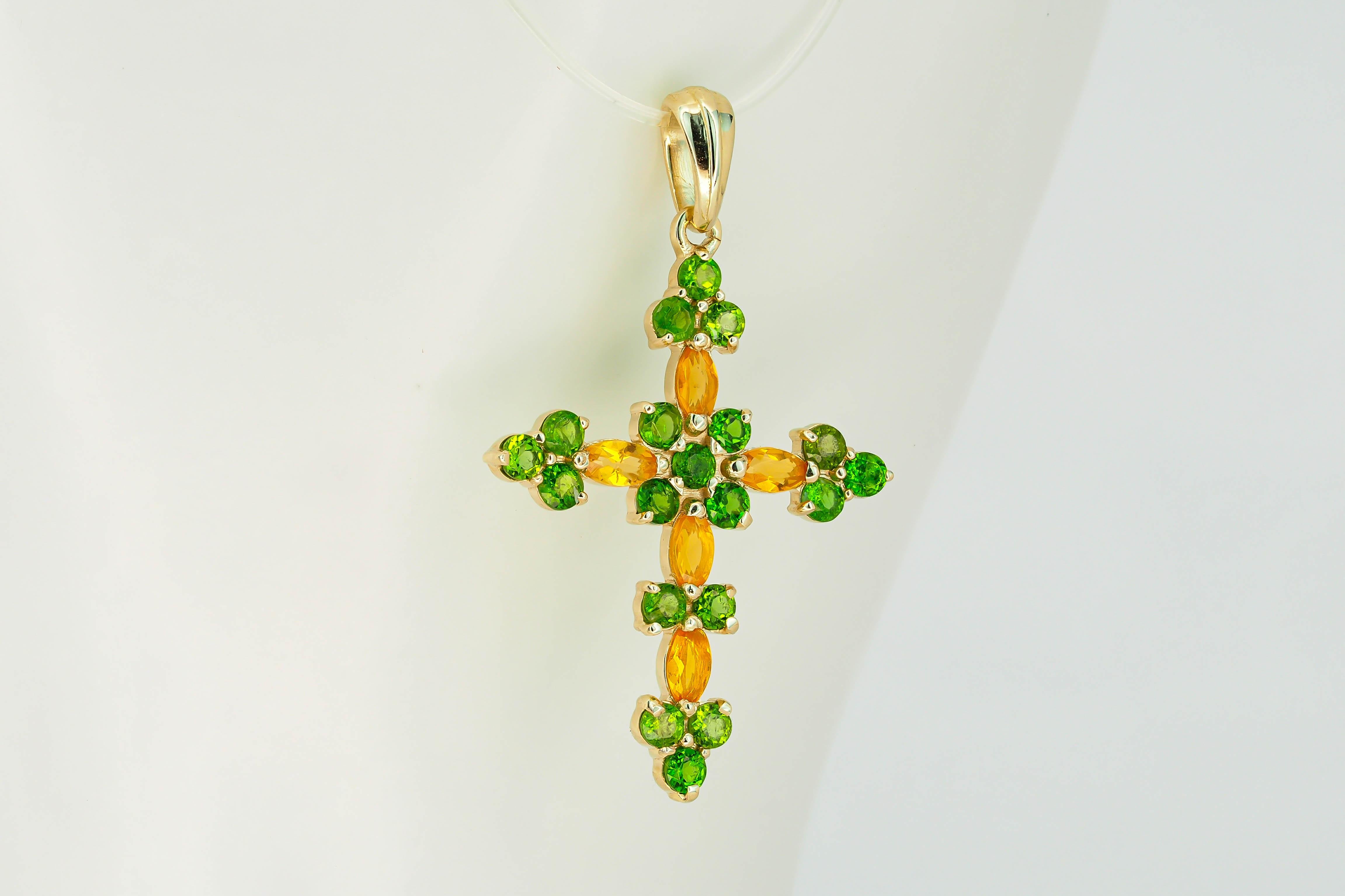 14k Gold Cross Pendant with Colored Stones Fire Opals and Tsavorites For Sale 3
