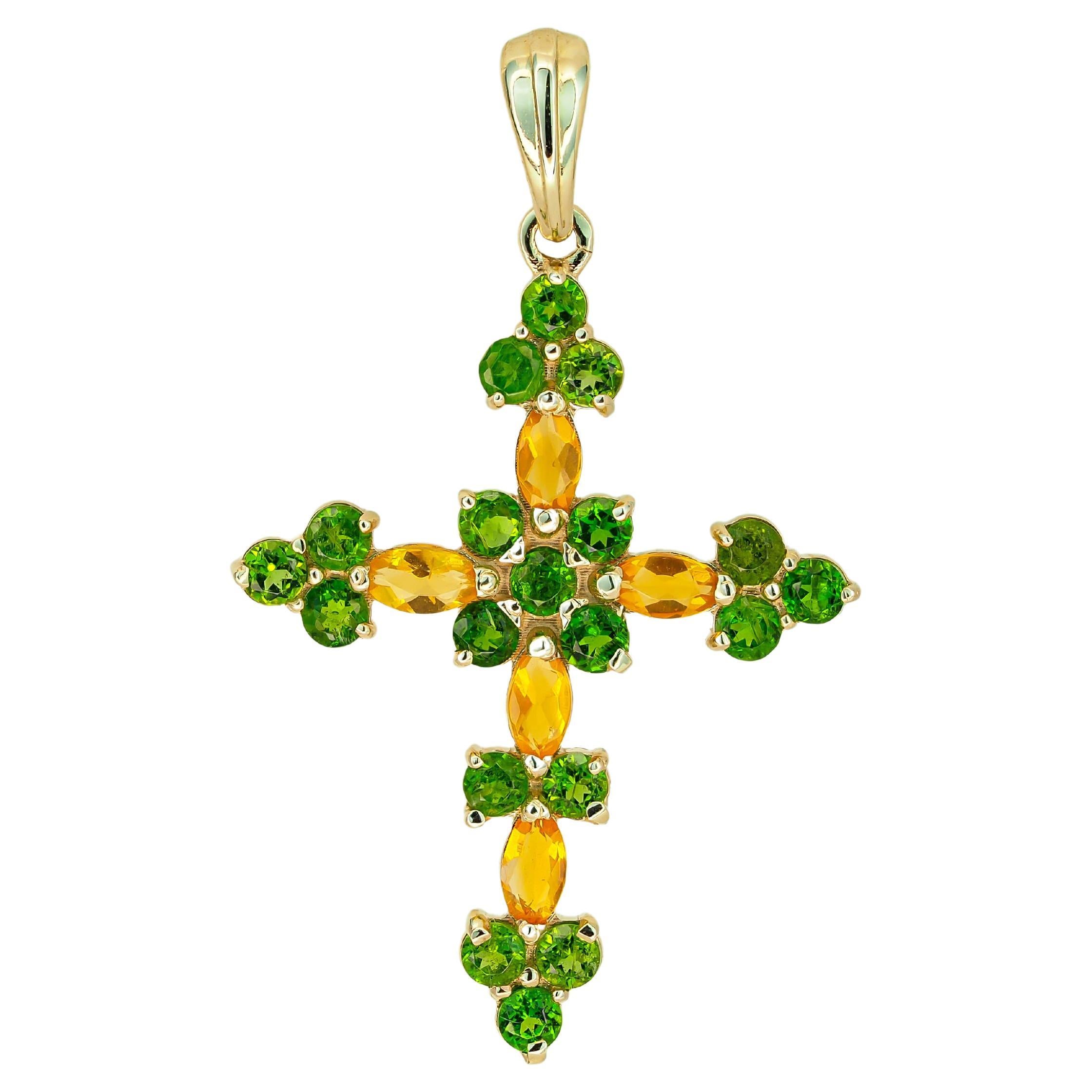 14k Gold Cross Pendant with Colored Stones Fire Opals and Tsavorites For Sale
