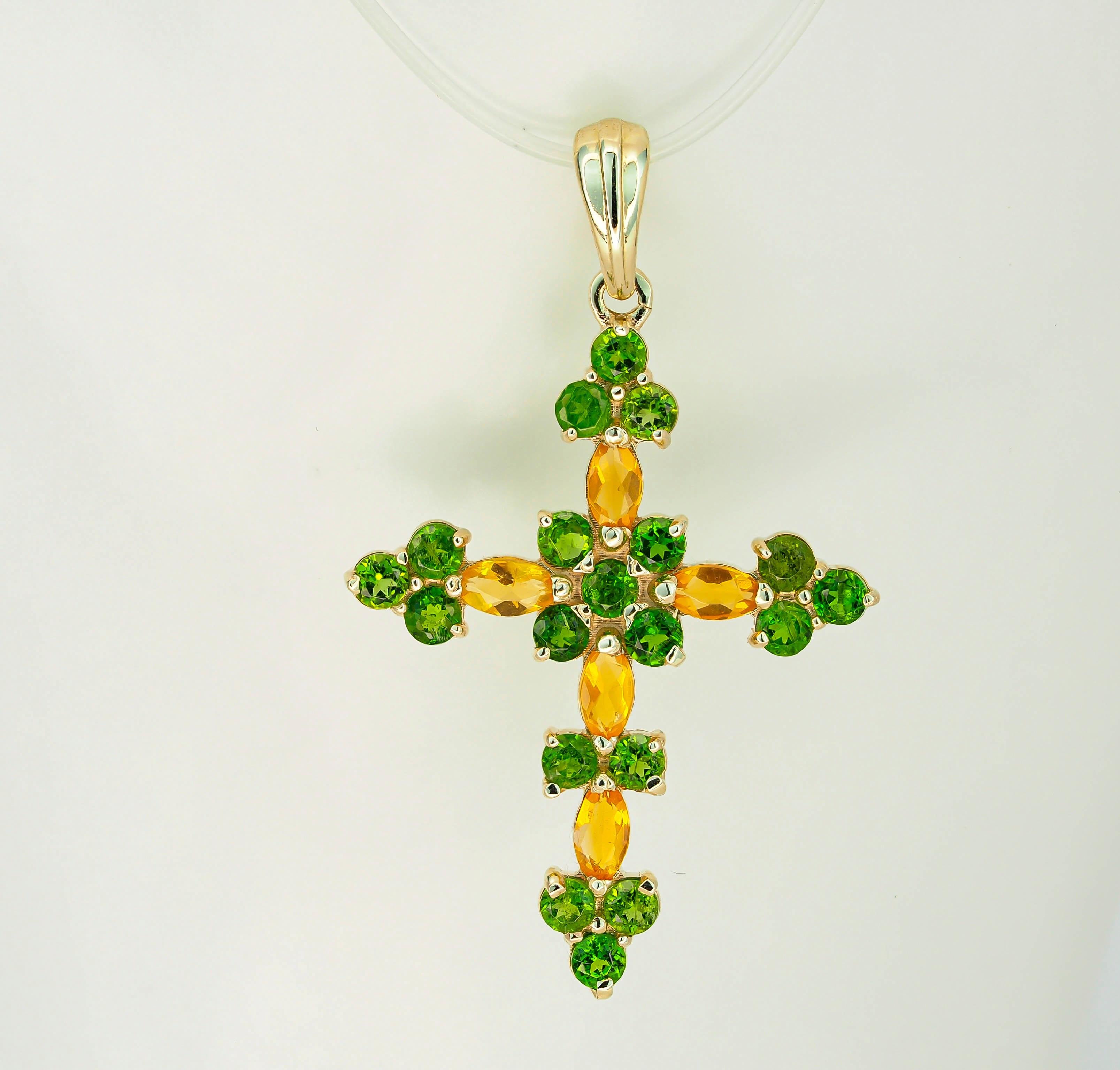 14k Gold Cross Pendant with Opals and Chrome Diopsides For Sale 1