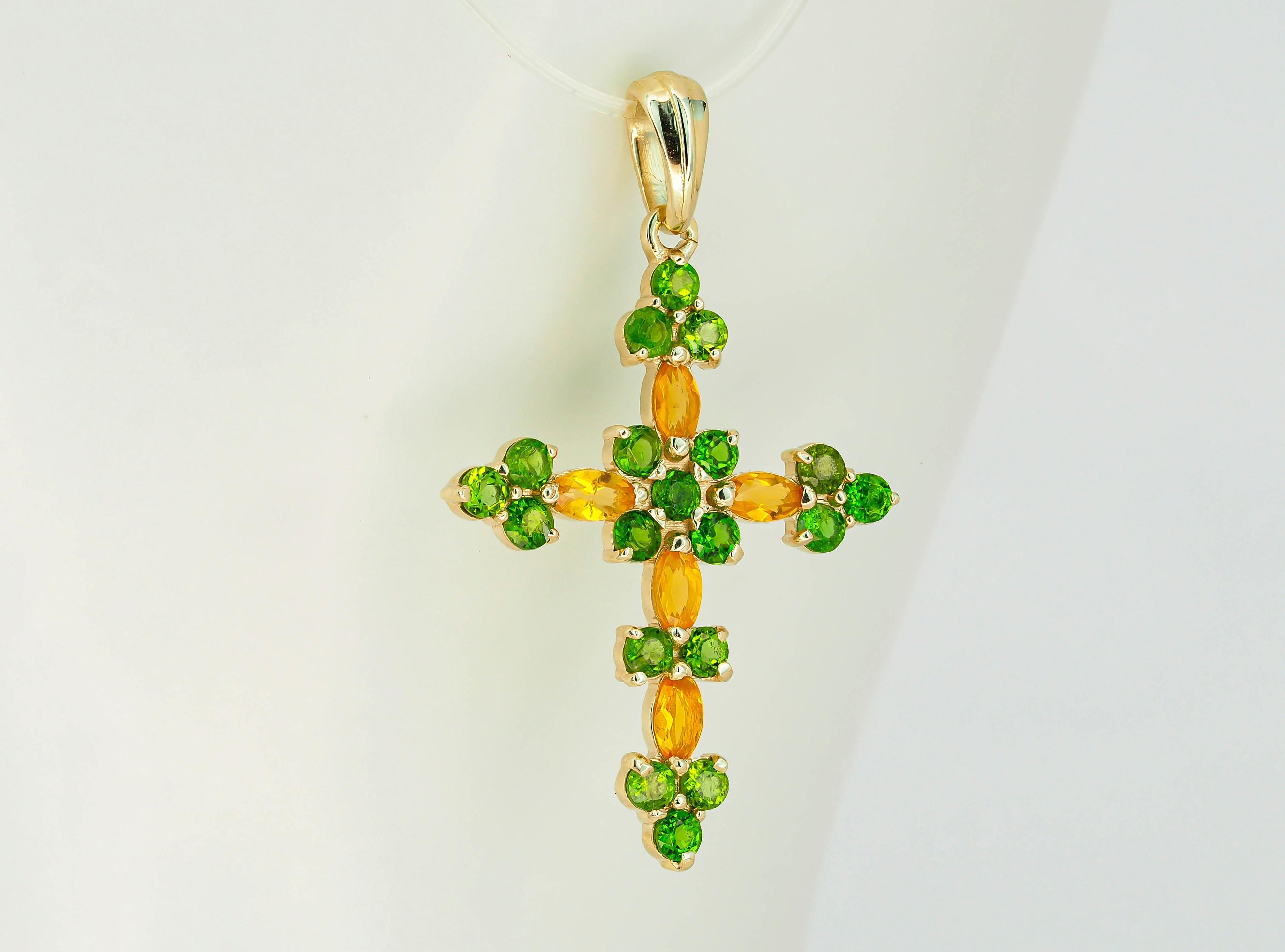 14k Gold Cross Pendant with Opals and Chrome Diopsides For Sale 2