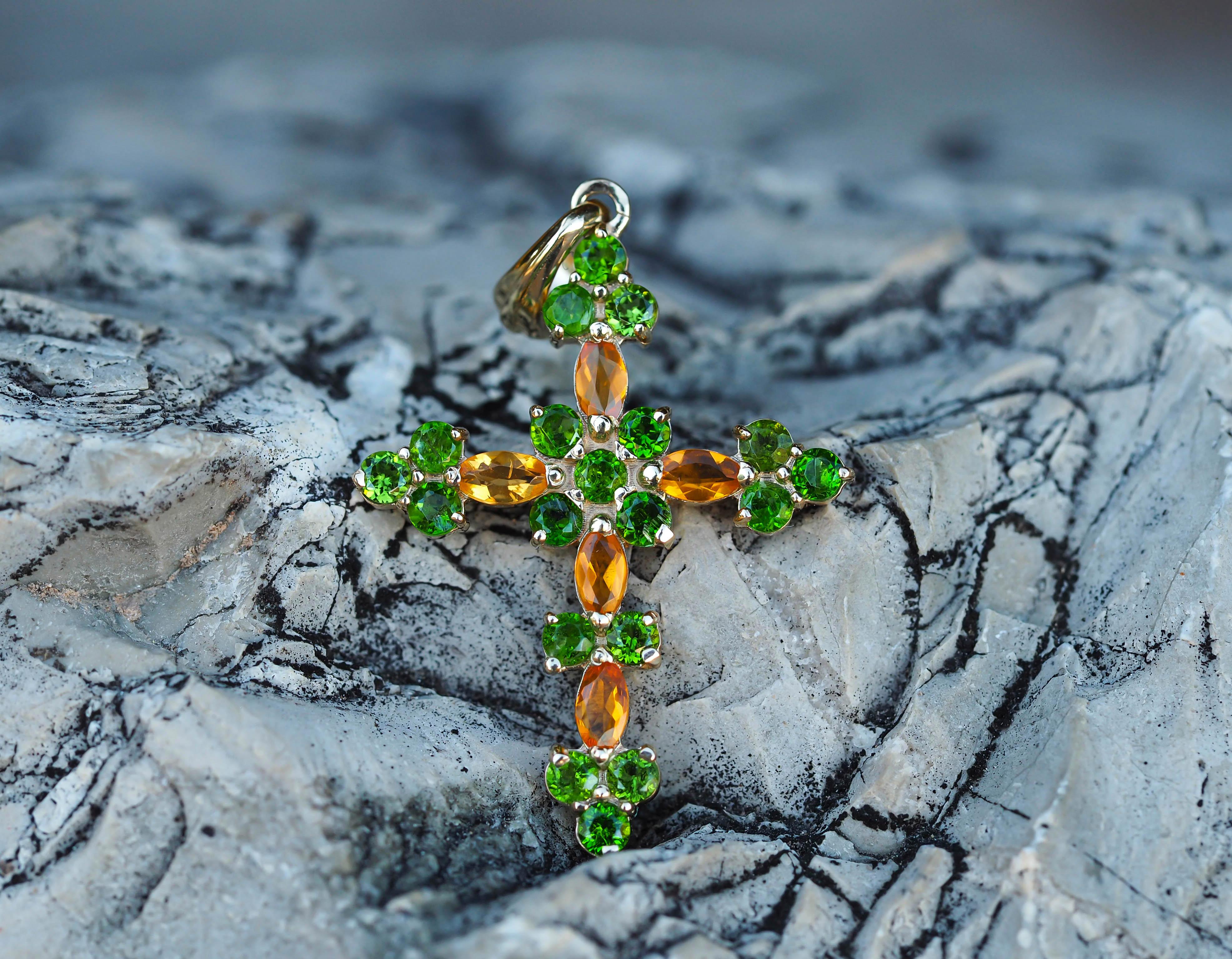 14k Gold Cross Pendant with Opals and Chrome Diopsides For Sale 3