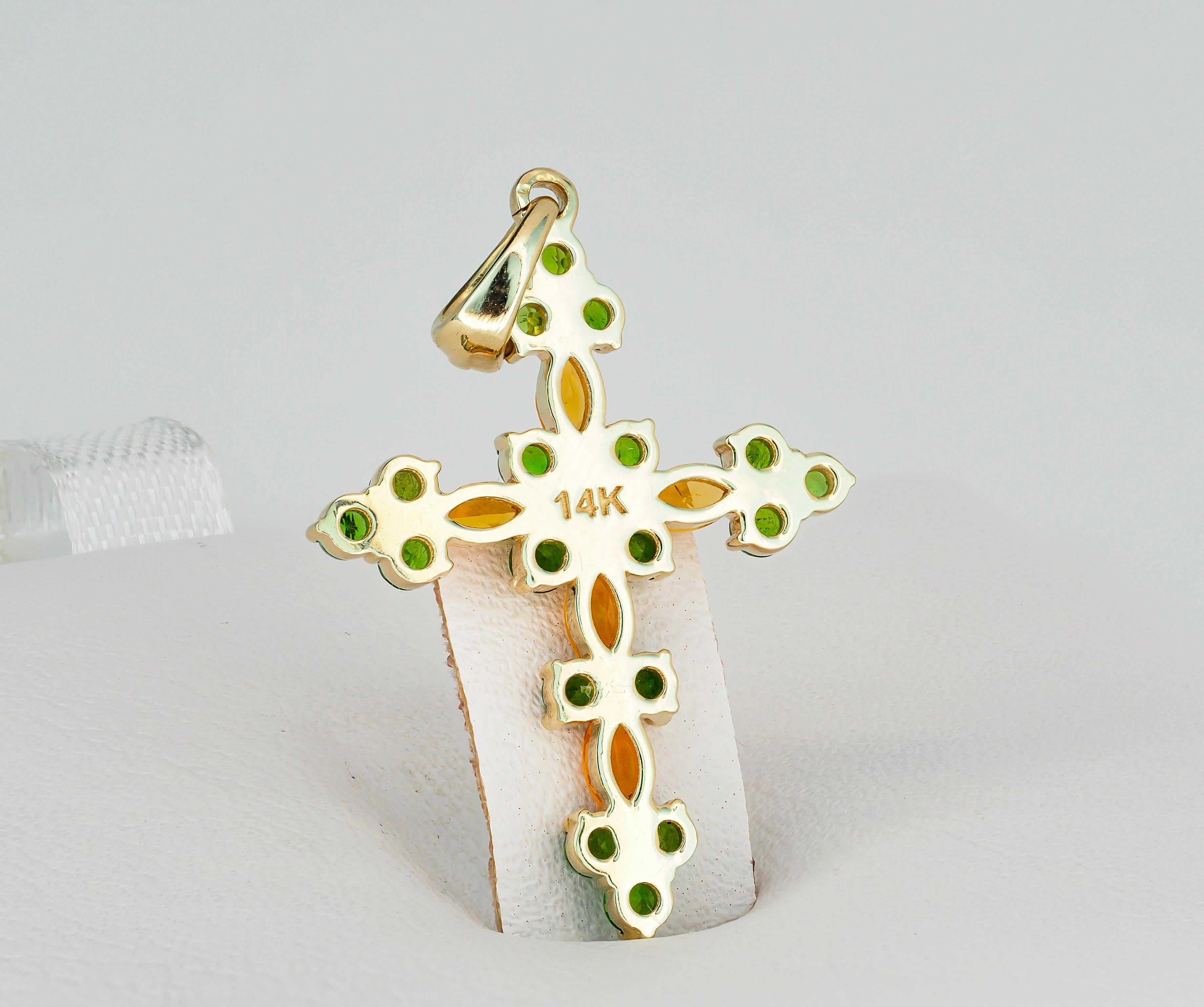 Marquise Cut 14k Gold Cross Pendant with Opals and Chrome Diopsides For Sale