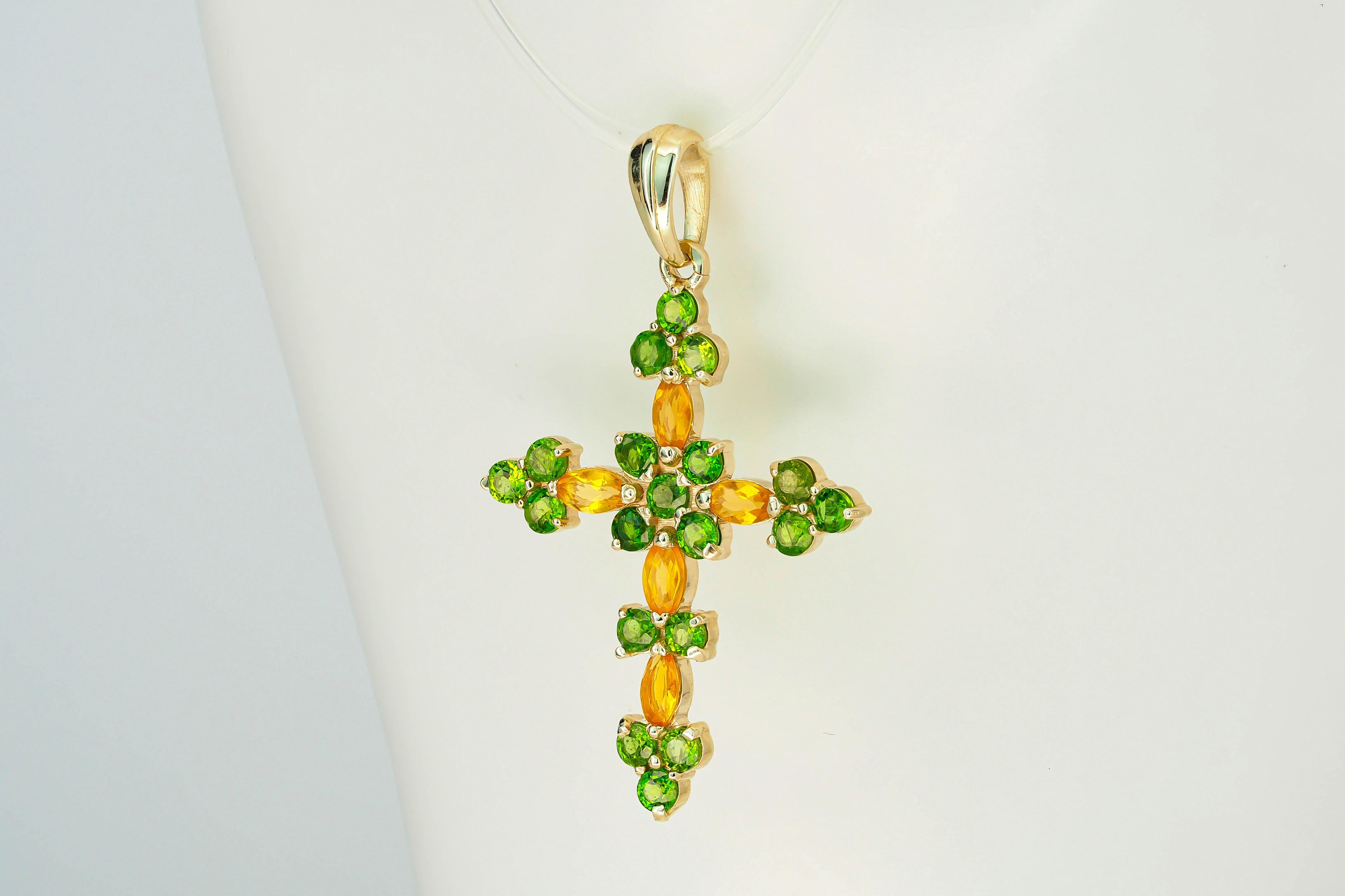 Women's or Men's 14k Gold Cross Pendant with Opals and Chrome Diopsides For Sale