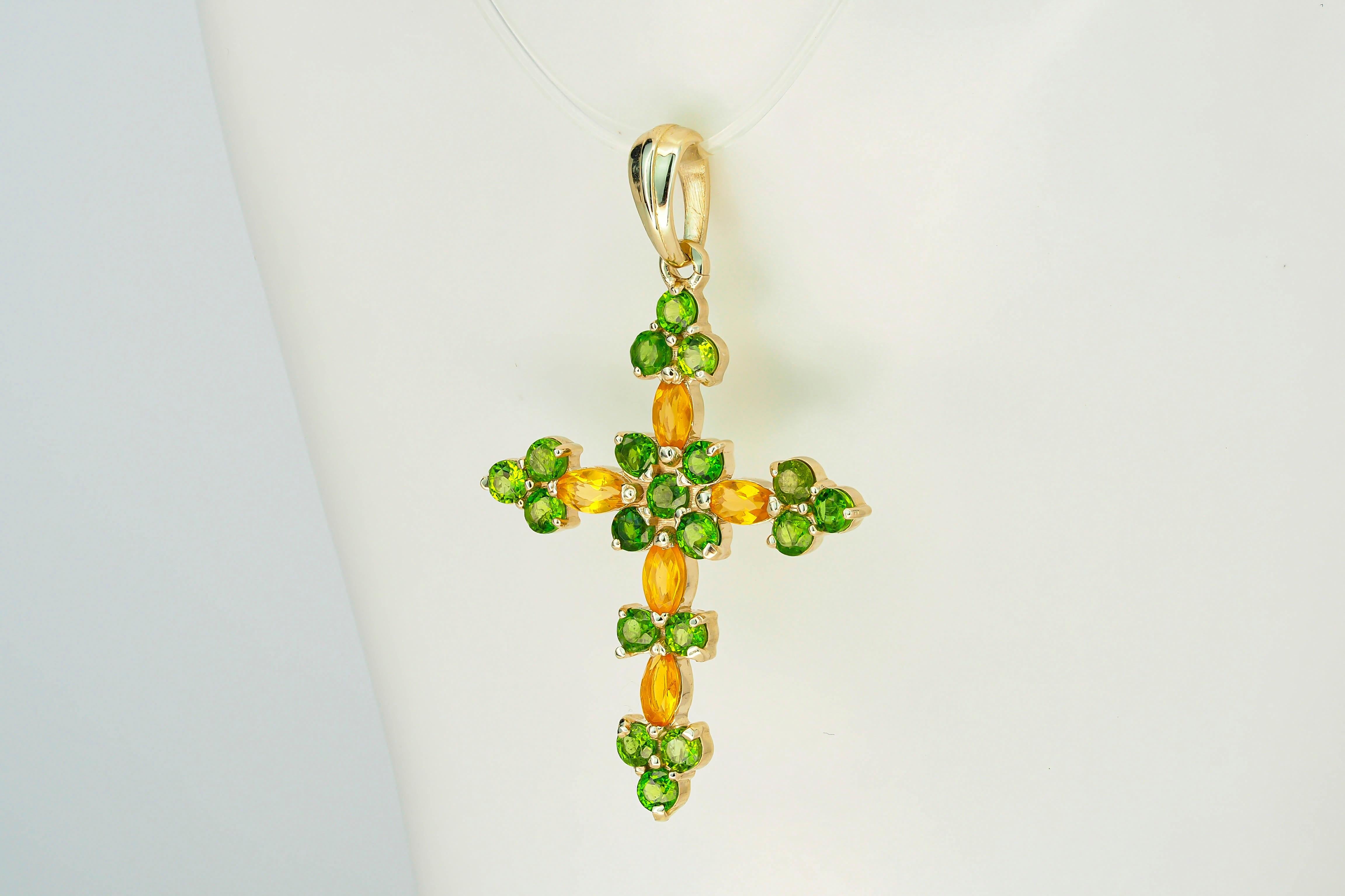 Ciondolo a forma di croce in oro 14k con pietre preziose multicolore in vendita 3
