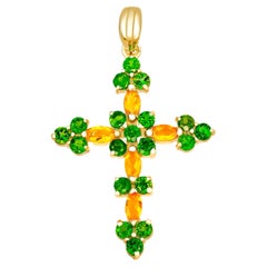 14k Gold Cross Pendant with Opals and Chrome Diopsides