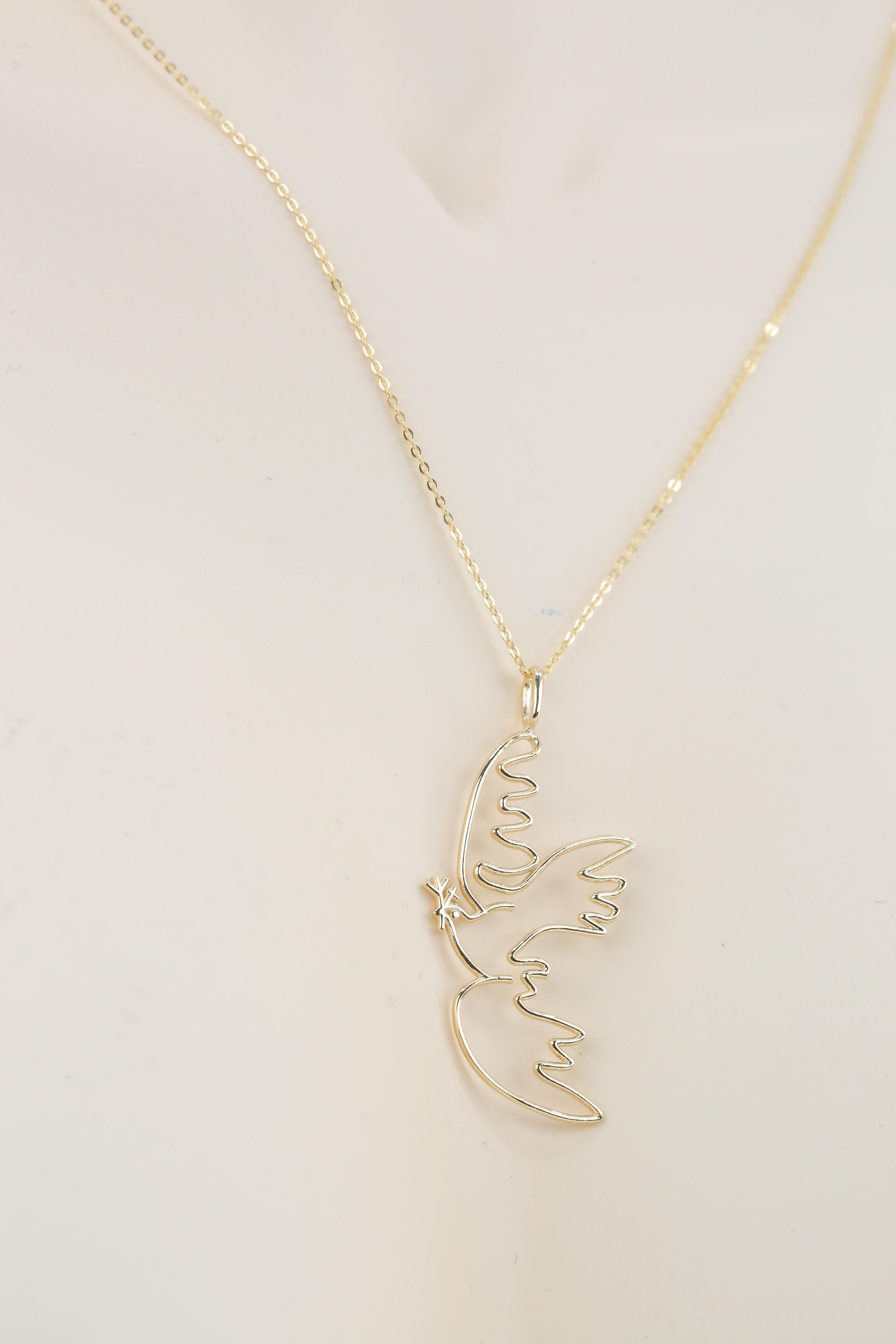 Women's or Men's 14K Gold Cubic Dove Necklace, Inspired by Picasso's 