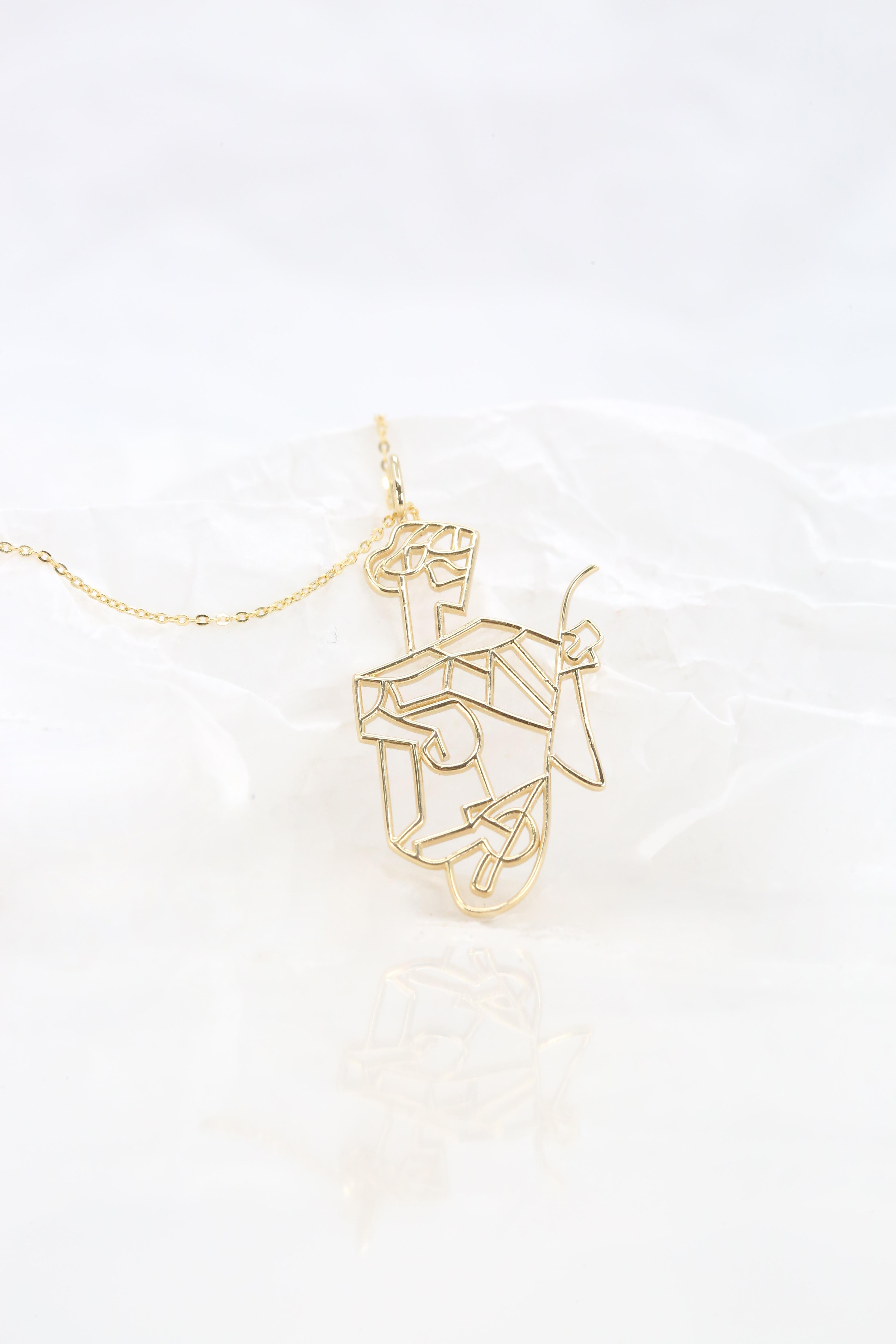 Modern 14K Gold Cubic Girl with a Mandoline Charm Necklace, Inspired by Picasso For Sale