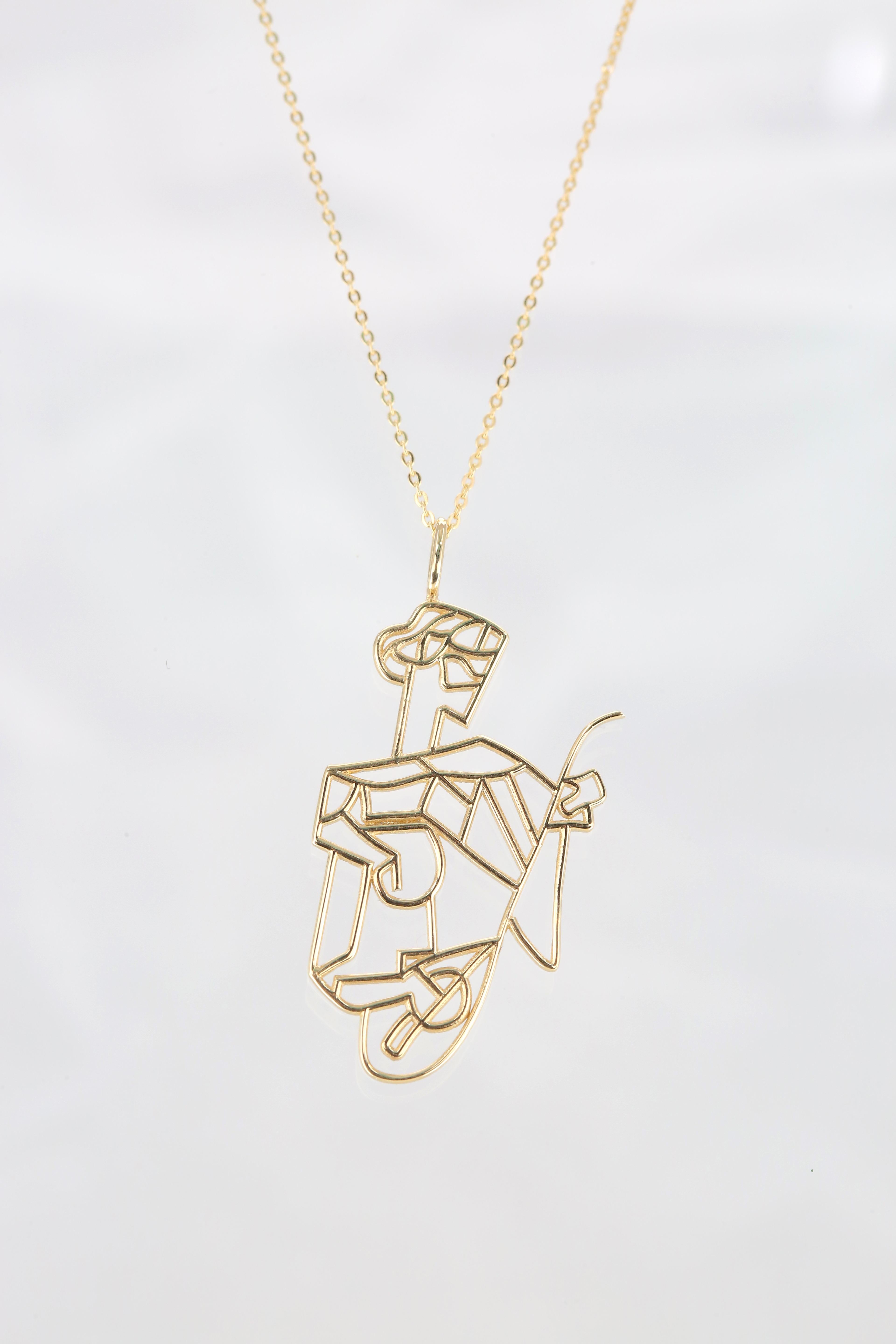 14K Gold Cubic Girl with a Mandoline Charm Necklace, Inspired by Picasso In New Condition For Sale In ISTANBUL, TR