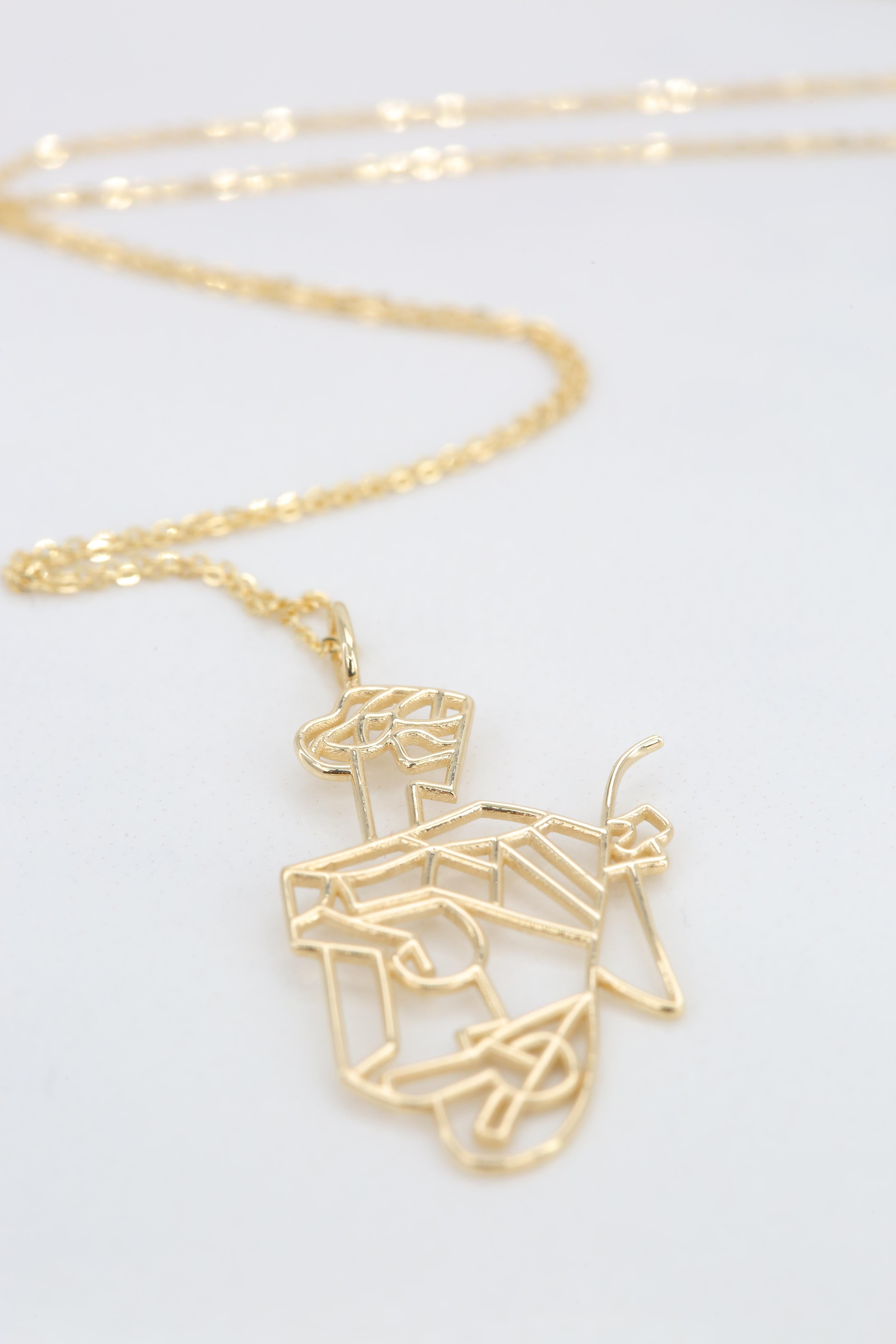 Women's or Men's 14K Gold Cubic Girl with a Mandoline Charm Necklace, Inspired by Picasso For Sale