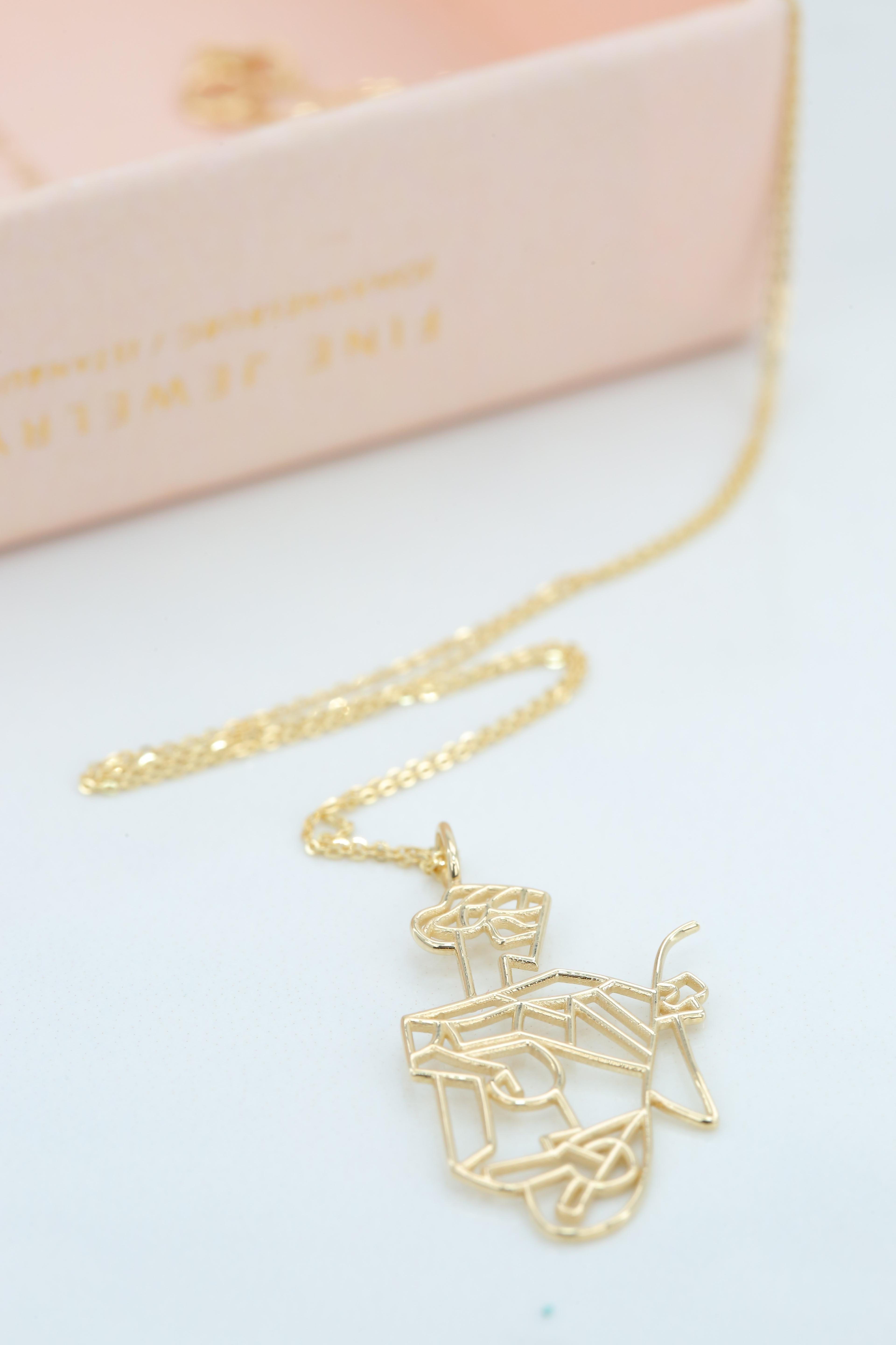 14K Gold Cubic Girl with a Mandoline Charm Necklace, Inspired by Picasso For Sale 1
