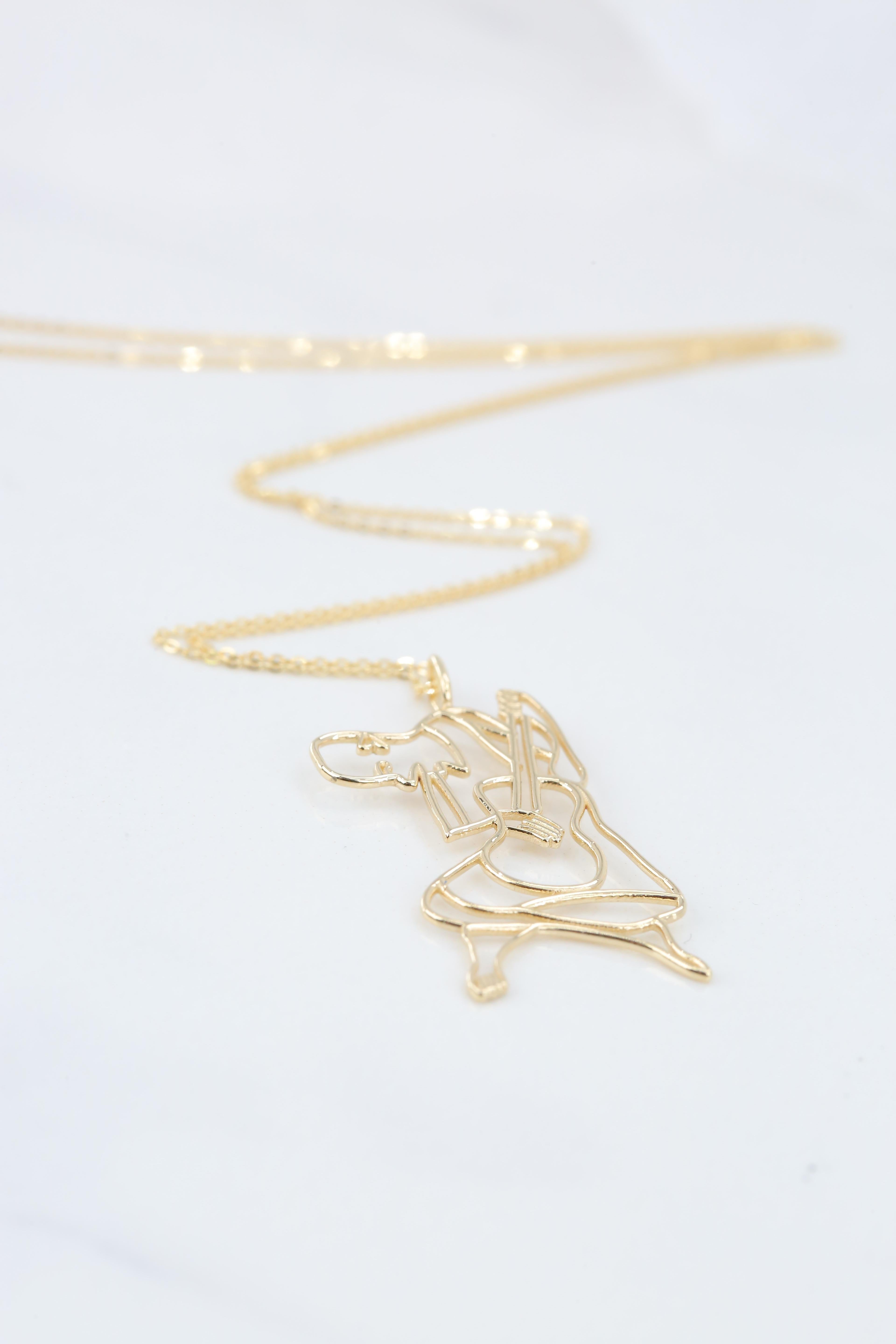 Women's or Men's 14K Gold Cubic Guitarist Necklace, Inspired by Picasso's 