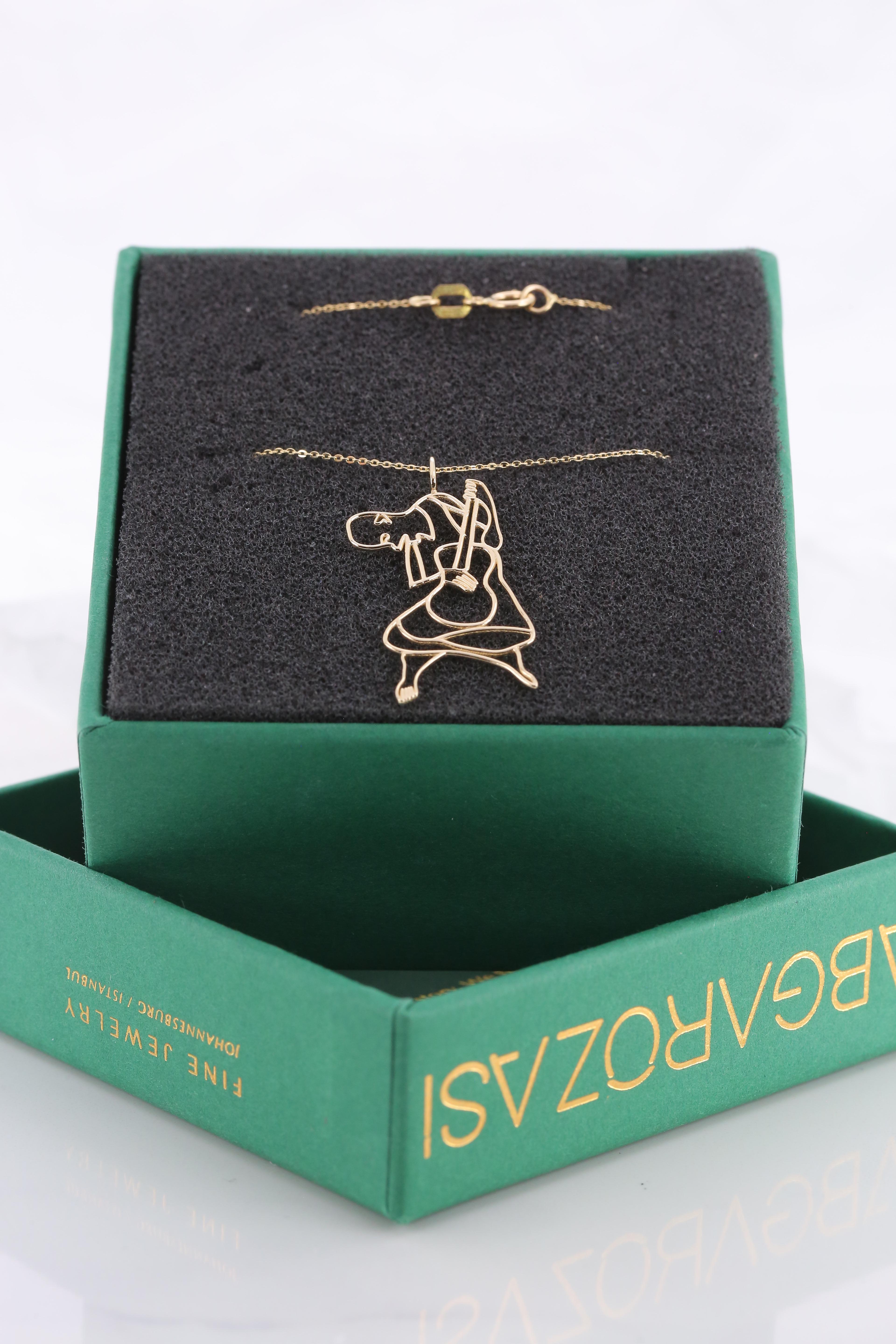 14K Gold Cubic Guitarist Necklace, Inspired by Picasso's 