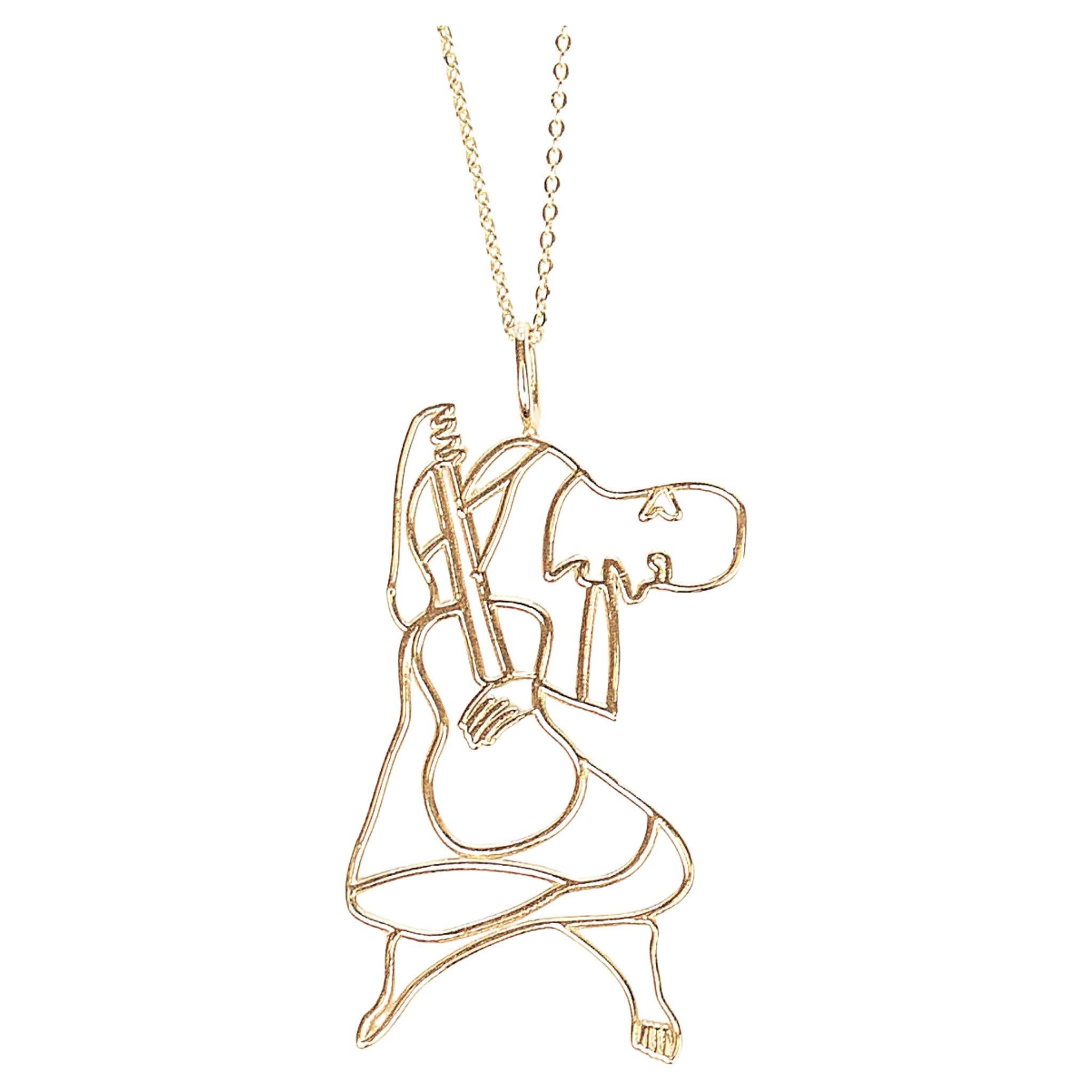14K Gold Cubic Guitarist Necklace, Inspired by Picasso's "The Old Guitarist"