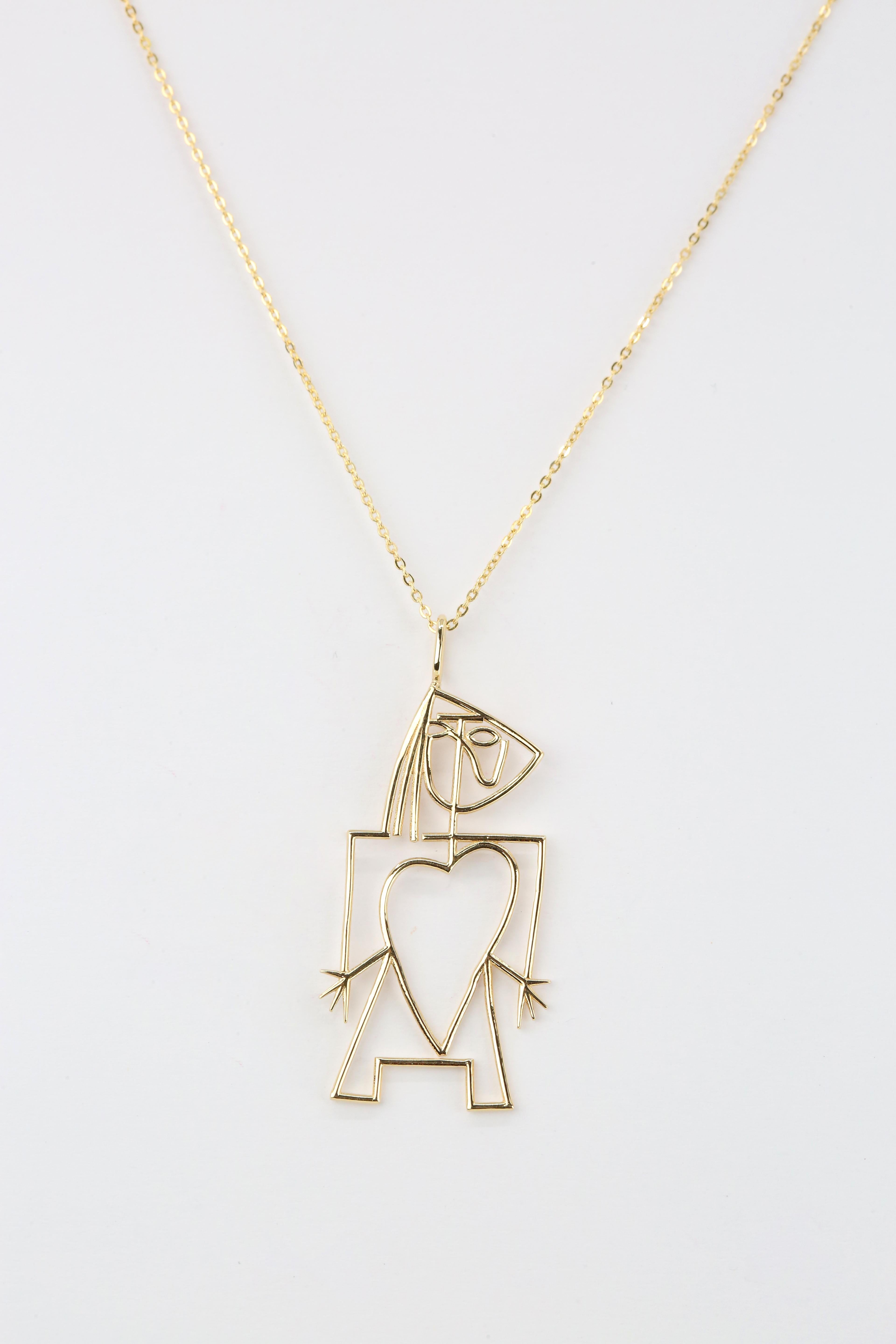 14K Gold Cubic Heart of Woman Charm, Inspired by Picasso In New Condition For Sale In ISTANBUL, TR