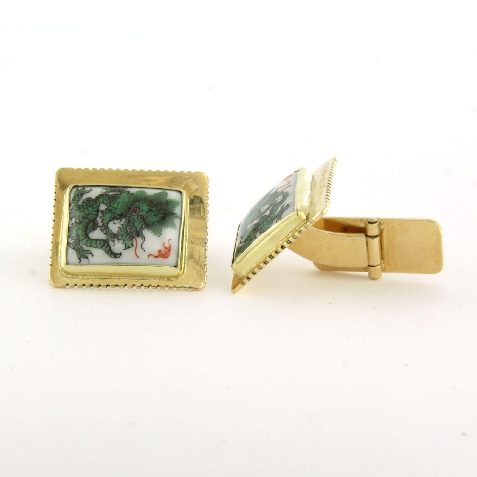 14k gold cufflinks with square porcelain with print of a green dragon 14.9 grams In Excellent Condition For Sale In The Hague, ZH