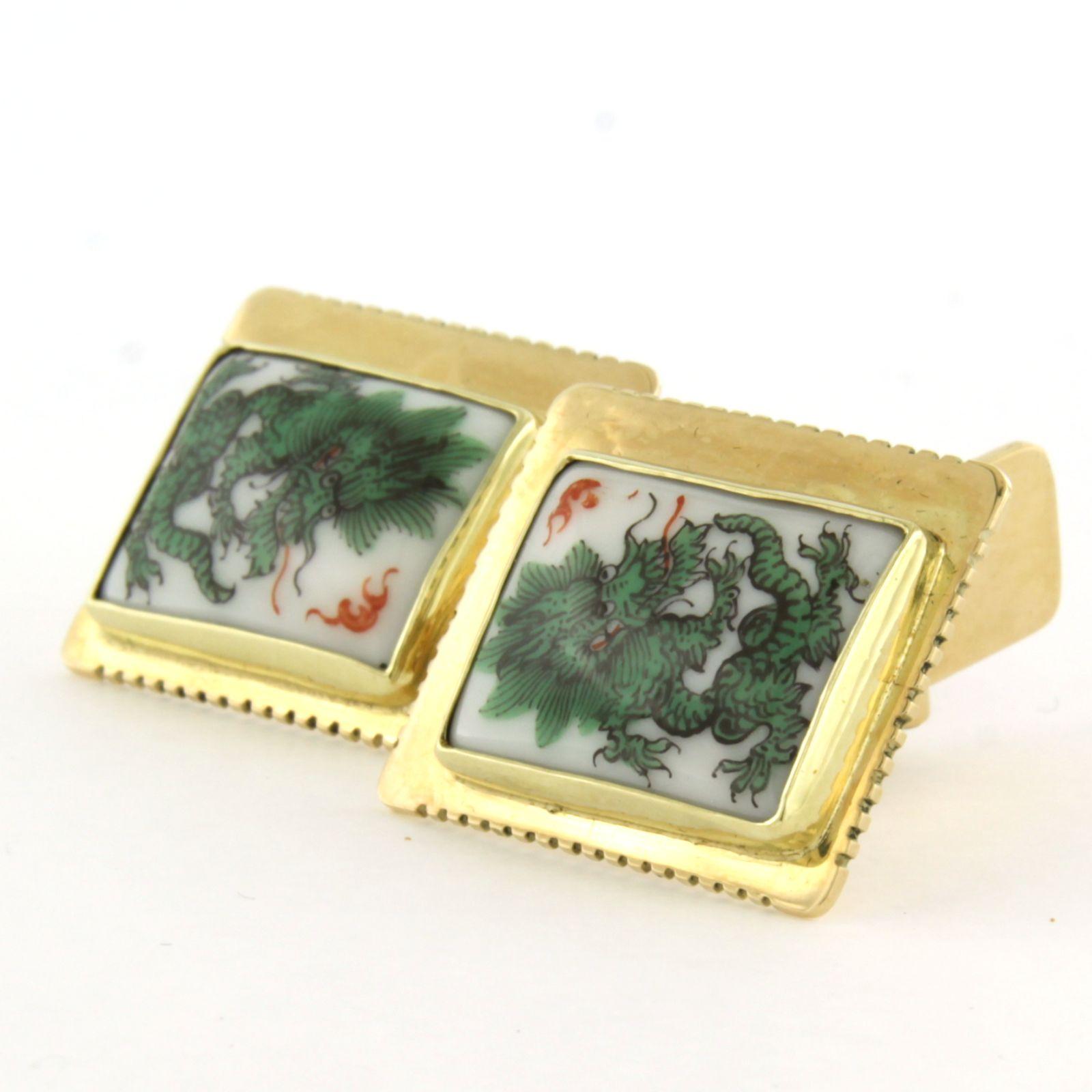 14k gold cufflinks with square porcelain with print of a green dragon 14.9 grams For Sale 1
