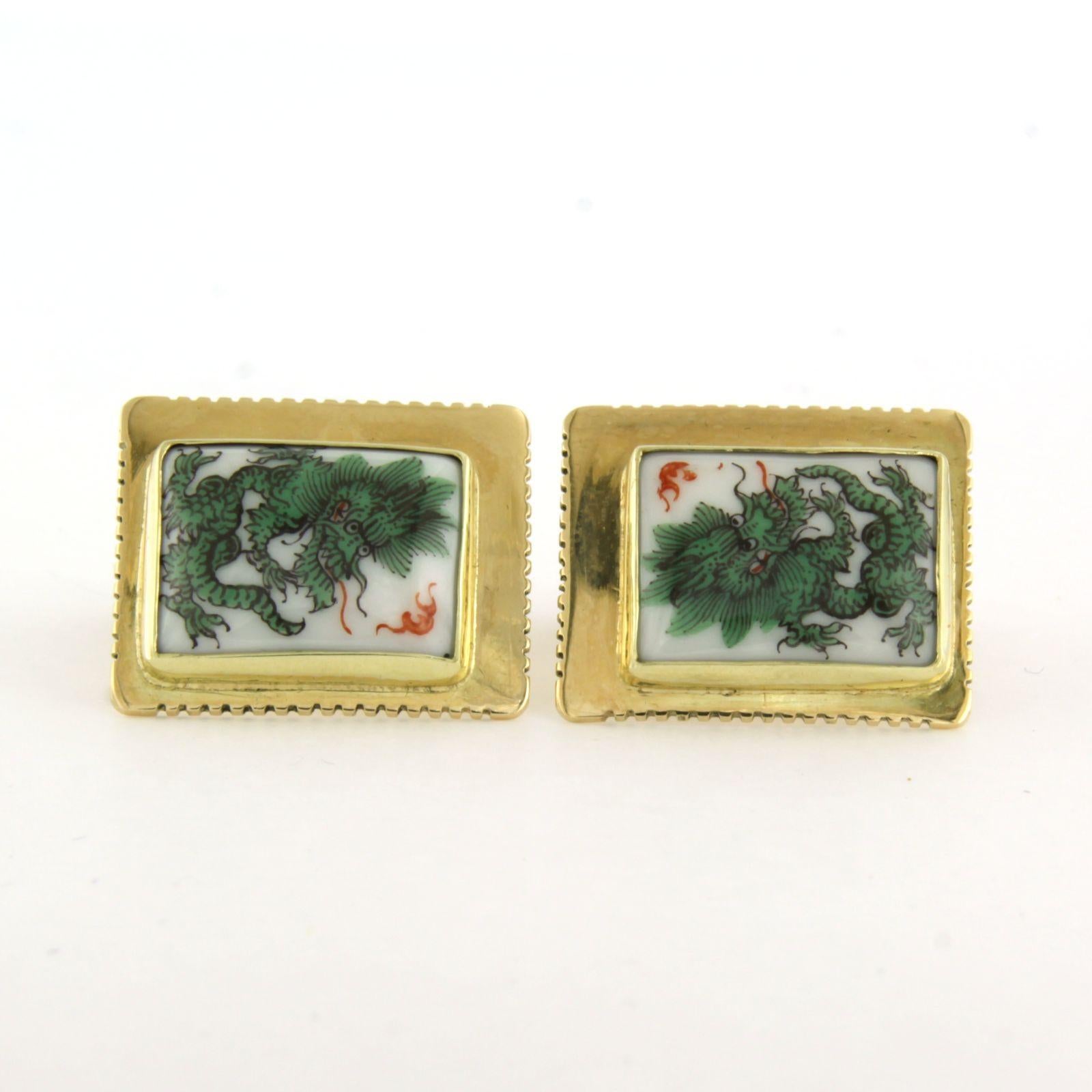 14k gold cufflinks with square porcelain with print of a green dragon 14.9 grams For Sale 3