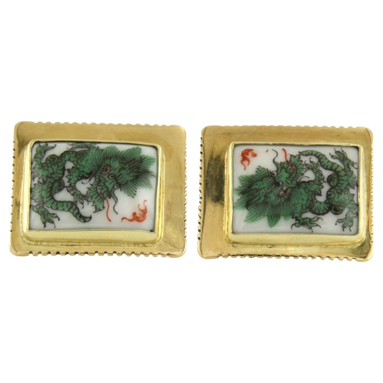 14k gold cufflinks with square porcelain with print of a green dragon 14.9 grams