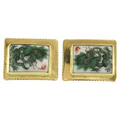 Gemelli in oro 14k con porcellana quadrata con stampa di un drago verde 14,9 grammi