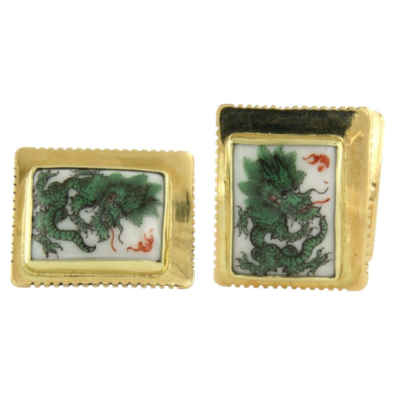 14k gold cufflinks with square porcelain with print of a green dragon 14.9 grams