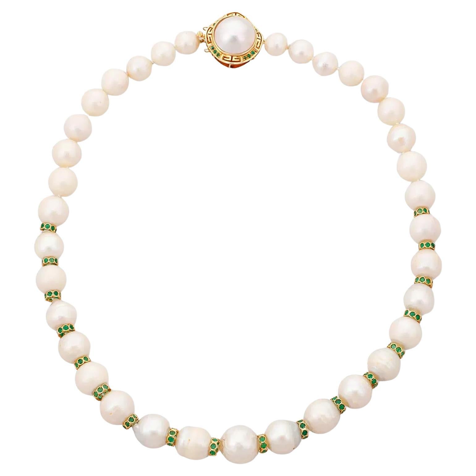 14K Gold Cultured 10-15mm Pearl Necklace Emerald Rondelles Mabe Pearl Clasp 20"