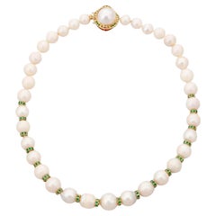 14K Gold Cultured 10-15mm Pearl Necklace Emerald Rondelles Mabe Pearl Clasp 20"