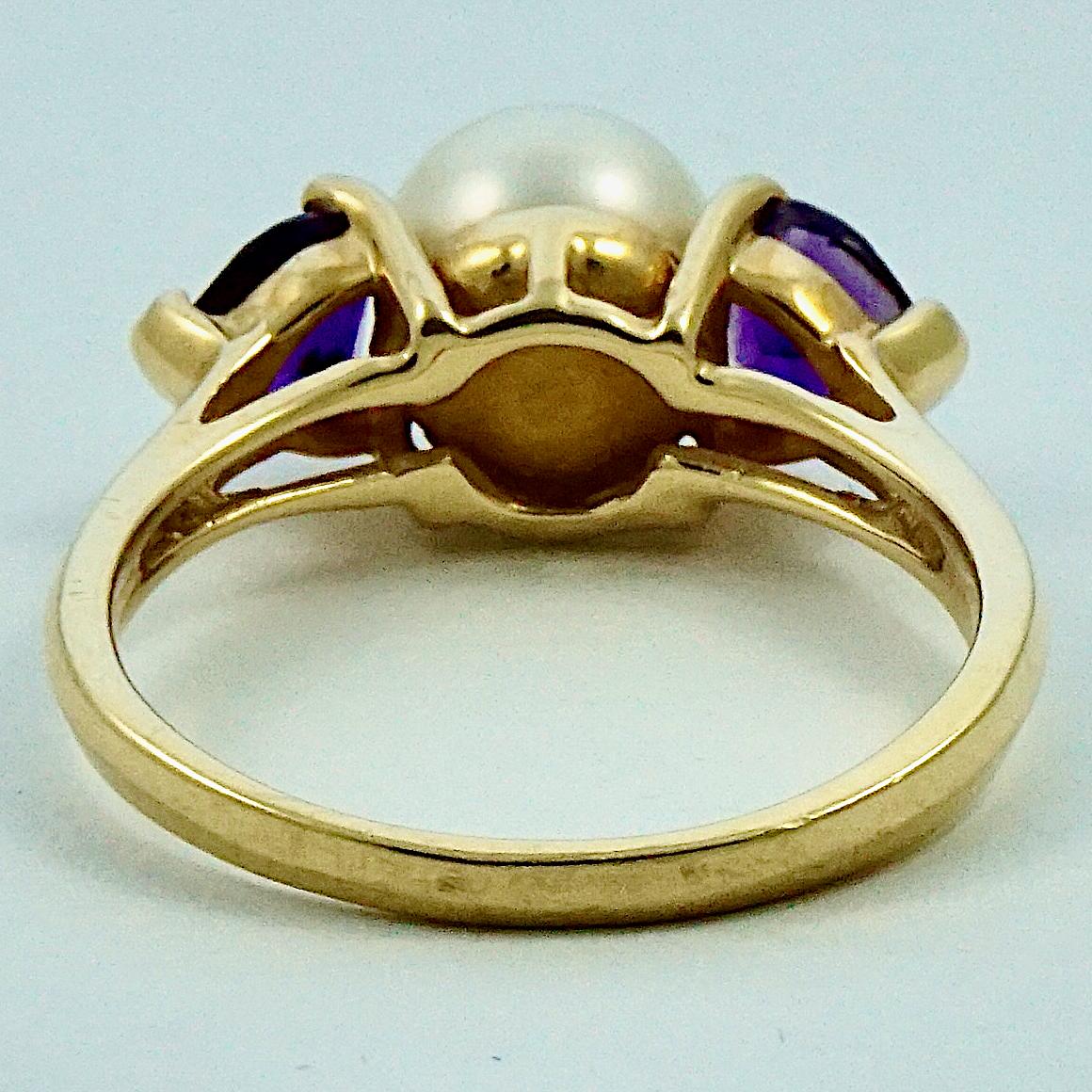 Heart Cut 14K Gold Cultured Pearl and Heart Shaped Amethyst Dress Ring  For Sale