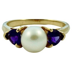 14K Gold Cultured Pearl and Heart Shaped Amethyst Dress Ring 