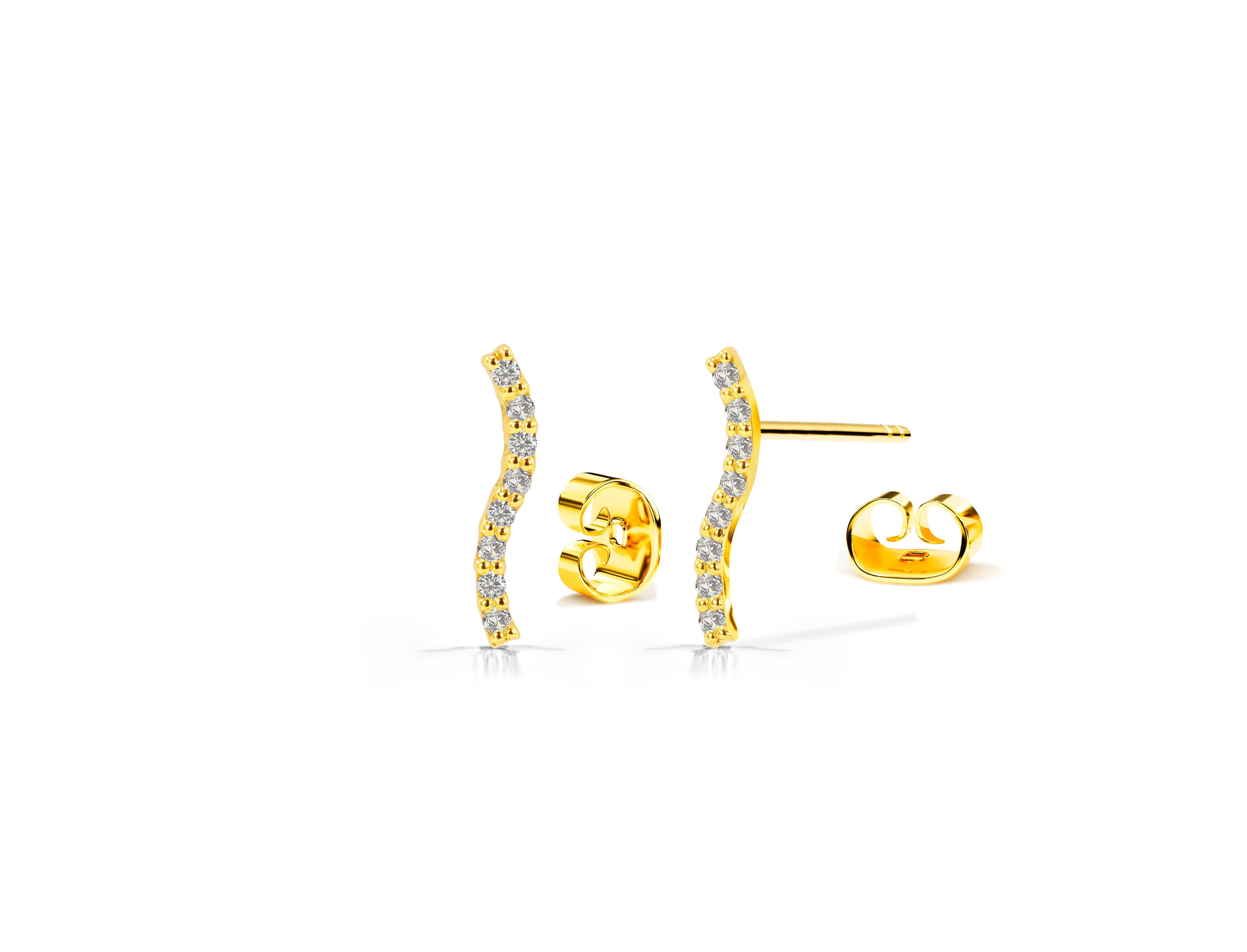 14k Gold Curved Bar Earrings Diamond Studs Minimalist Trendy Earrings For Sale
