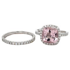 14K Gold Cushion Morganite Ring Set Diamond Classic Ring Halo Morganite Ring Set