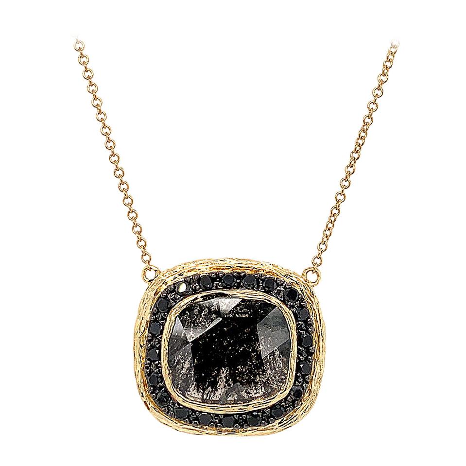 14K Gold Cushion Salt and Pepper and Black Diamond Necklace Center 5.24 Carat