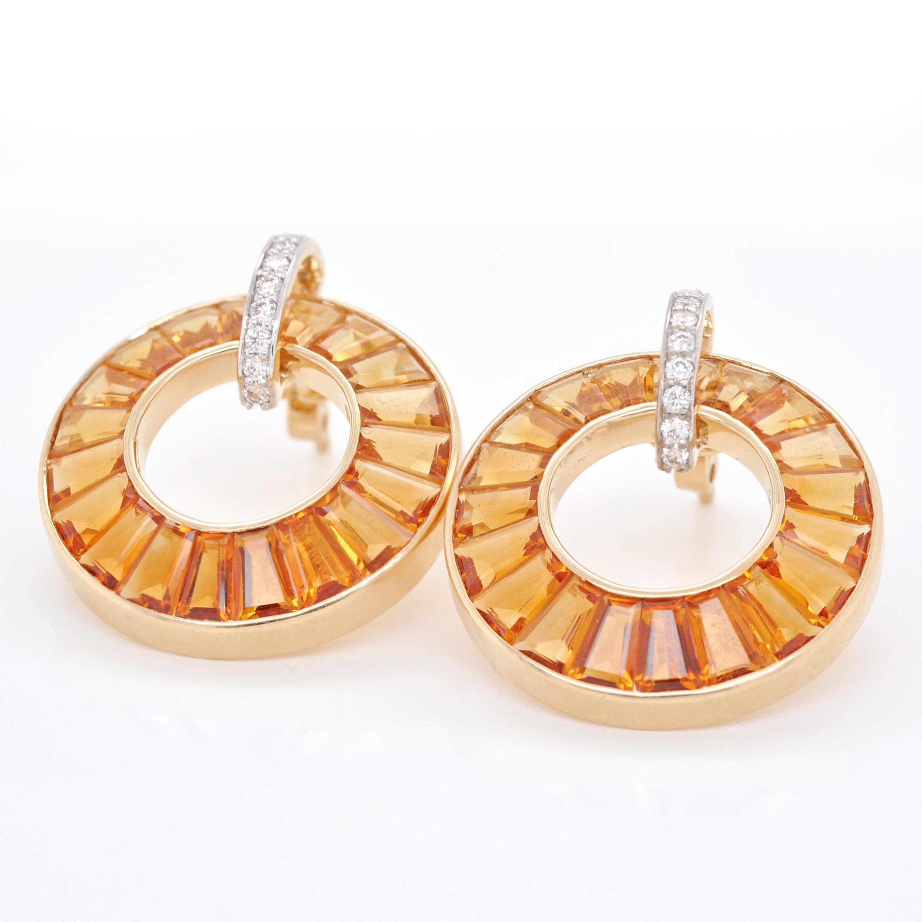 Clous d'oreilles en or 14 carats, avec citrine, baguettes et diamants, taillés sur mesure Pour femmes en vente