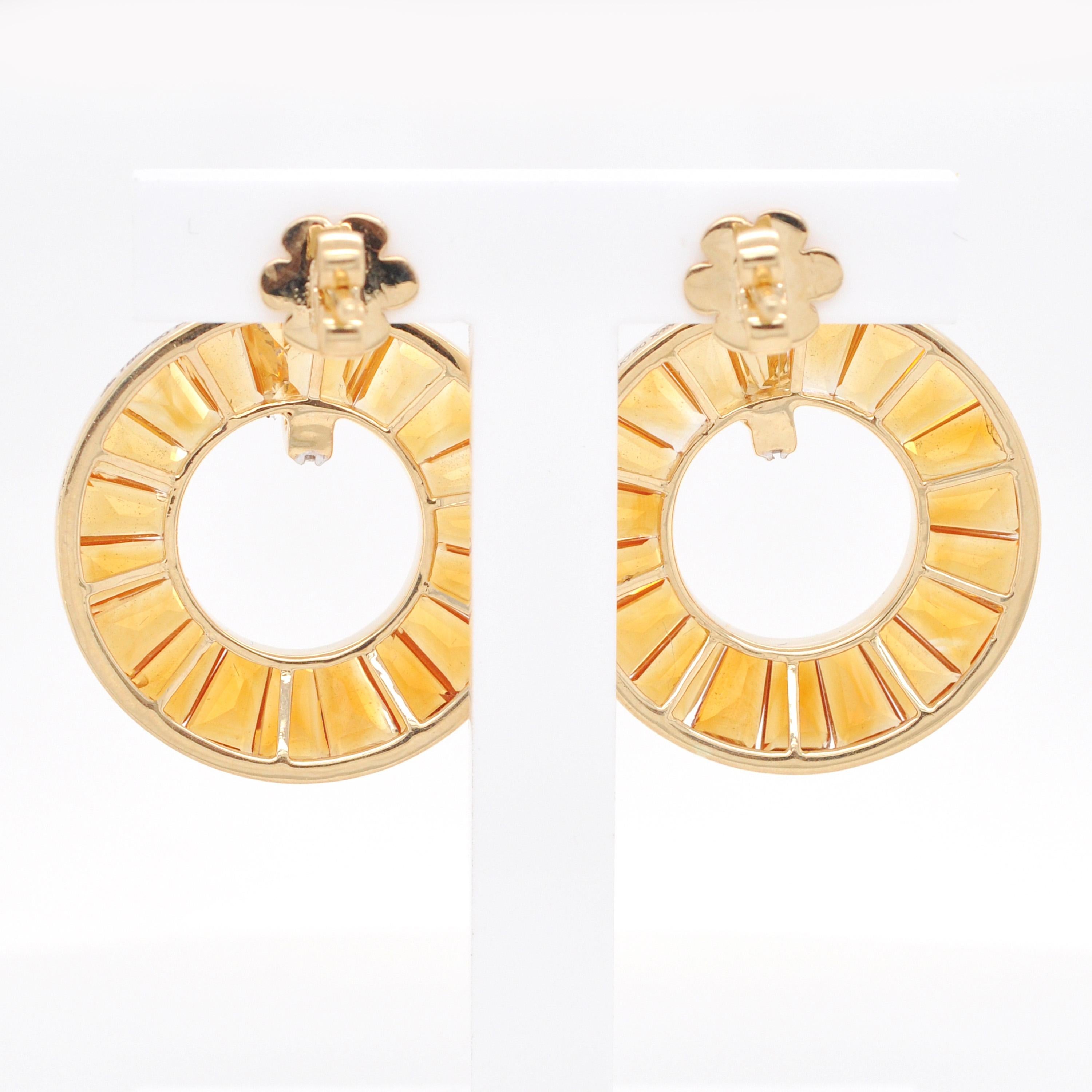 Clous d'oreilles en or 14 carats, avec citrine, baguettes et diamants, taillés sur mesure en vente 2