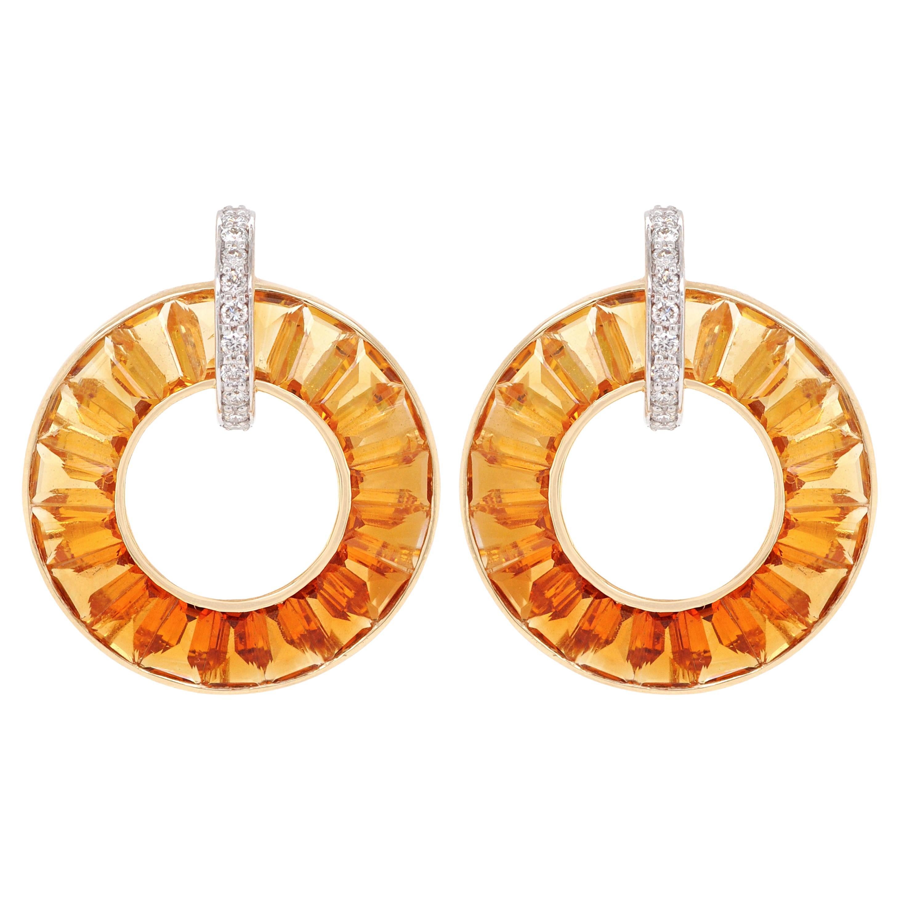 14K Gold Custom Cut Channel Set Citrine Baguettes Diamonds Circle Stud Earrings
