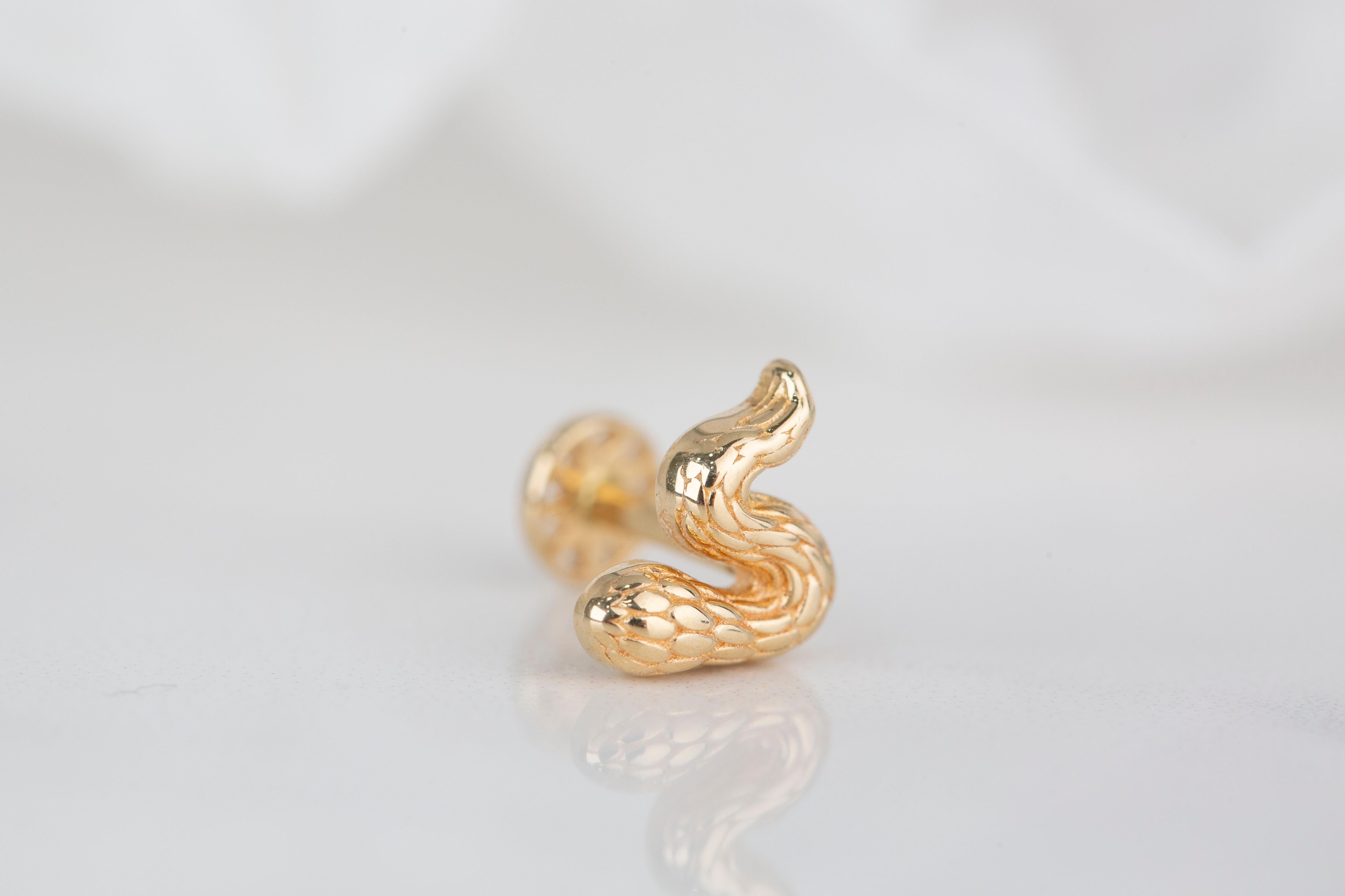 Modern 14K Gold Cute Serpent Piercing, Bold Snake Gold Stud Earring For Sale