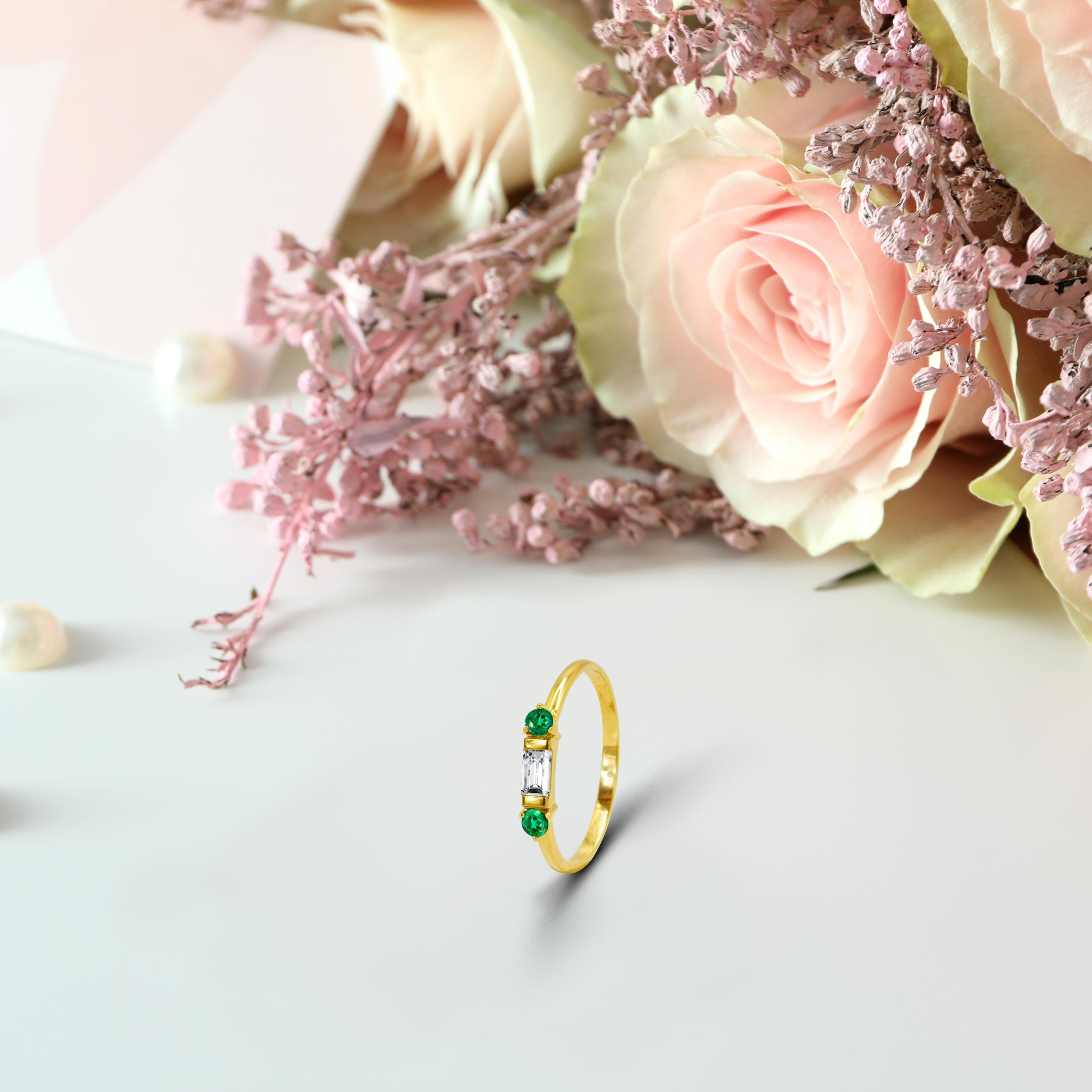 For Sale:  14k Gold Dainty Baguette Diamond Ring with Emerald Minimal Ring 6