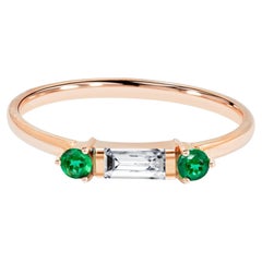 14k Gold Dainty Baguette Diamond Ring with Emerald Minimal Ring