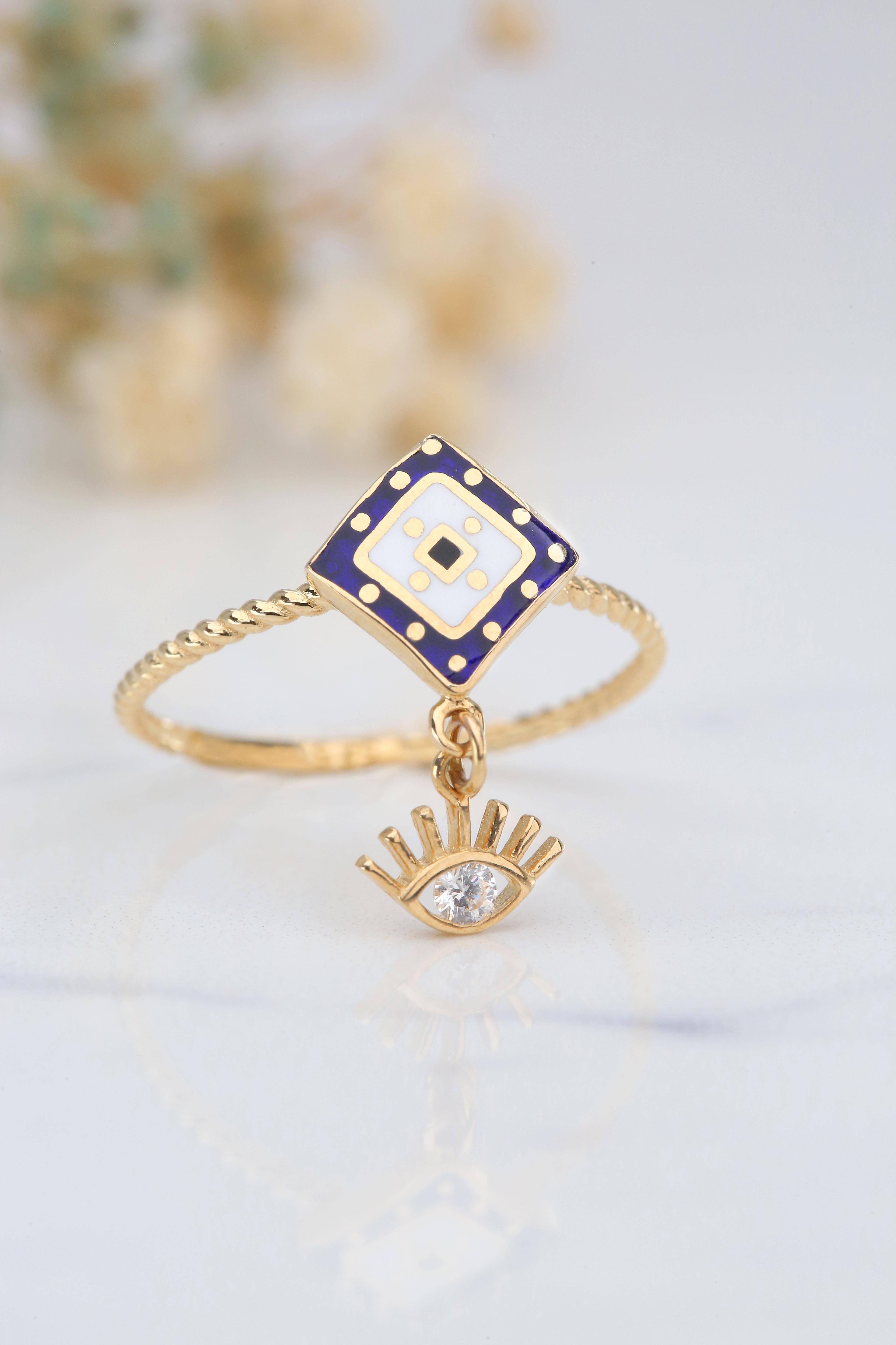 14K Gold Dainty Cable Ring with Eye Pendant and Lapis Enameled 7