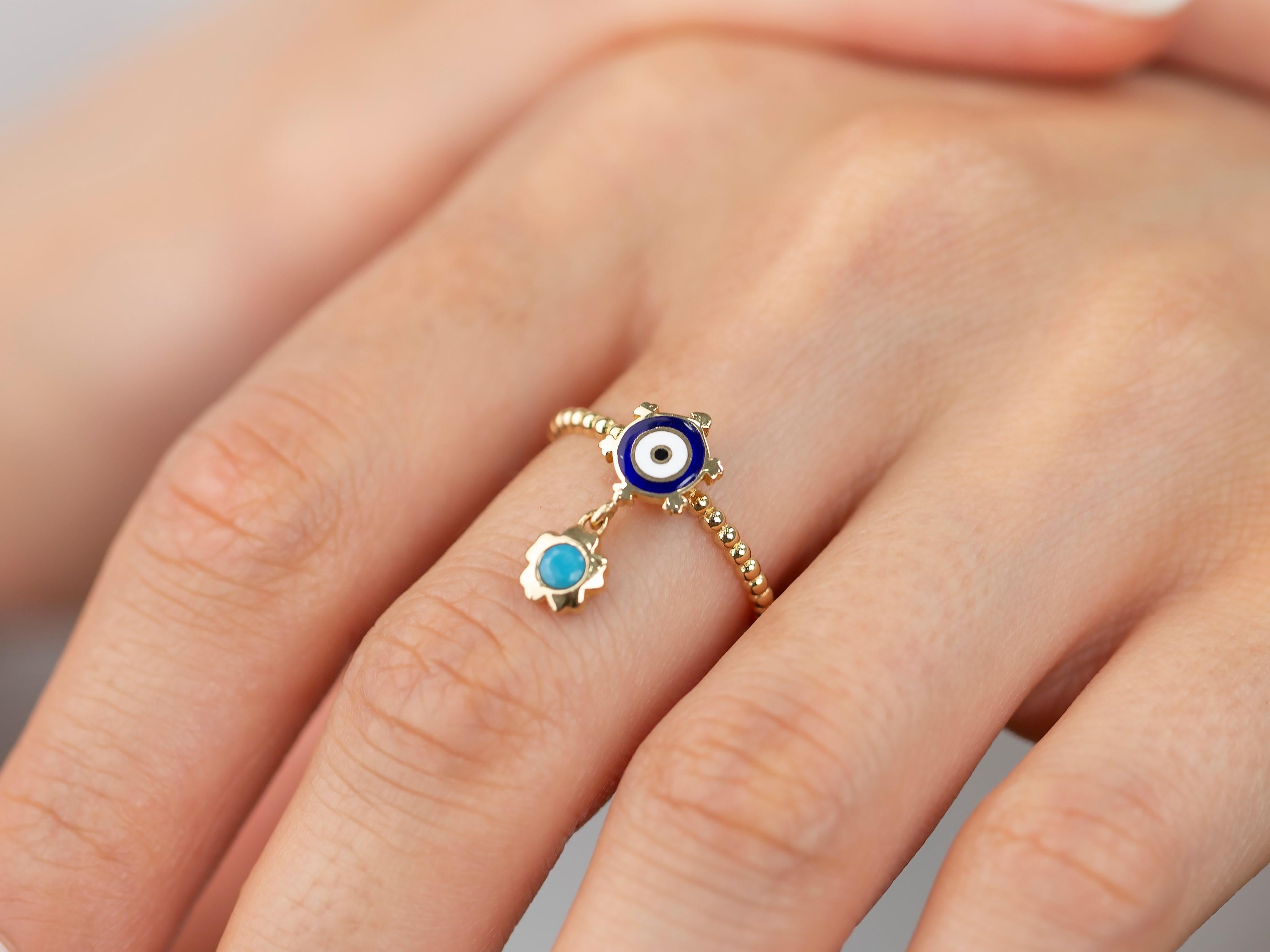 14K Gold Dainty Eye Enameled Rudder Ring with Turquoise Pendant 2
