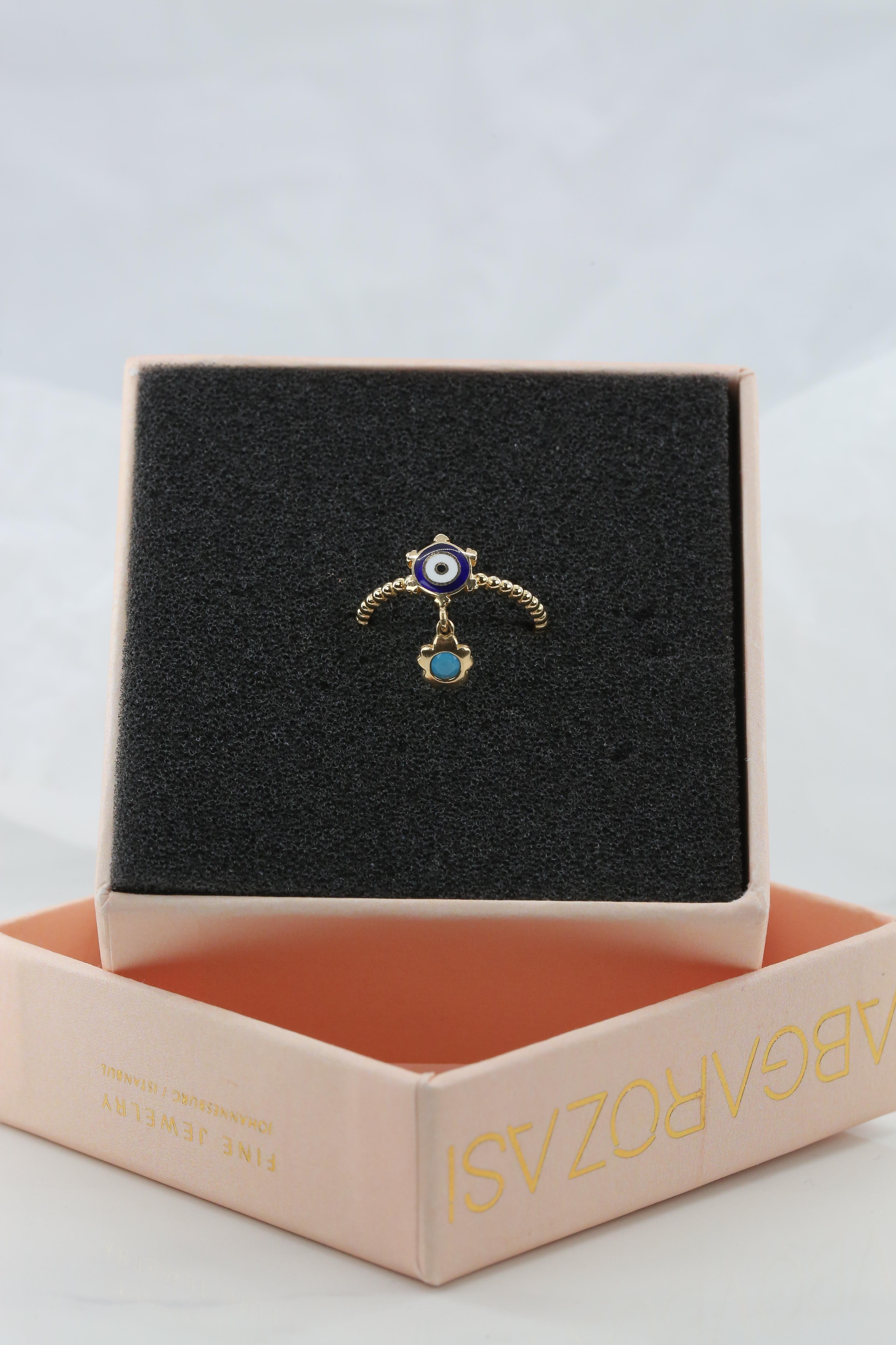 14K Gold Dainty Eye Enameled Rudder Ring with Turquoise Pendant 5