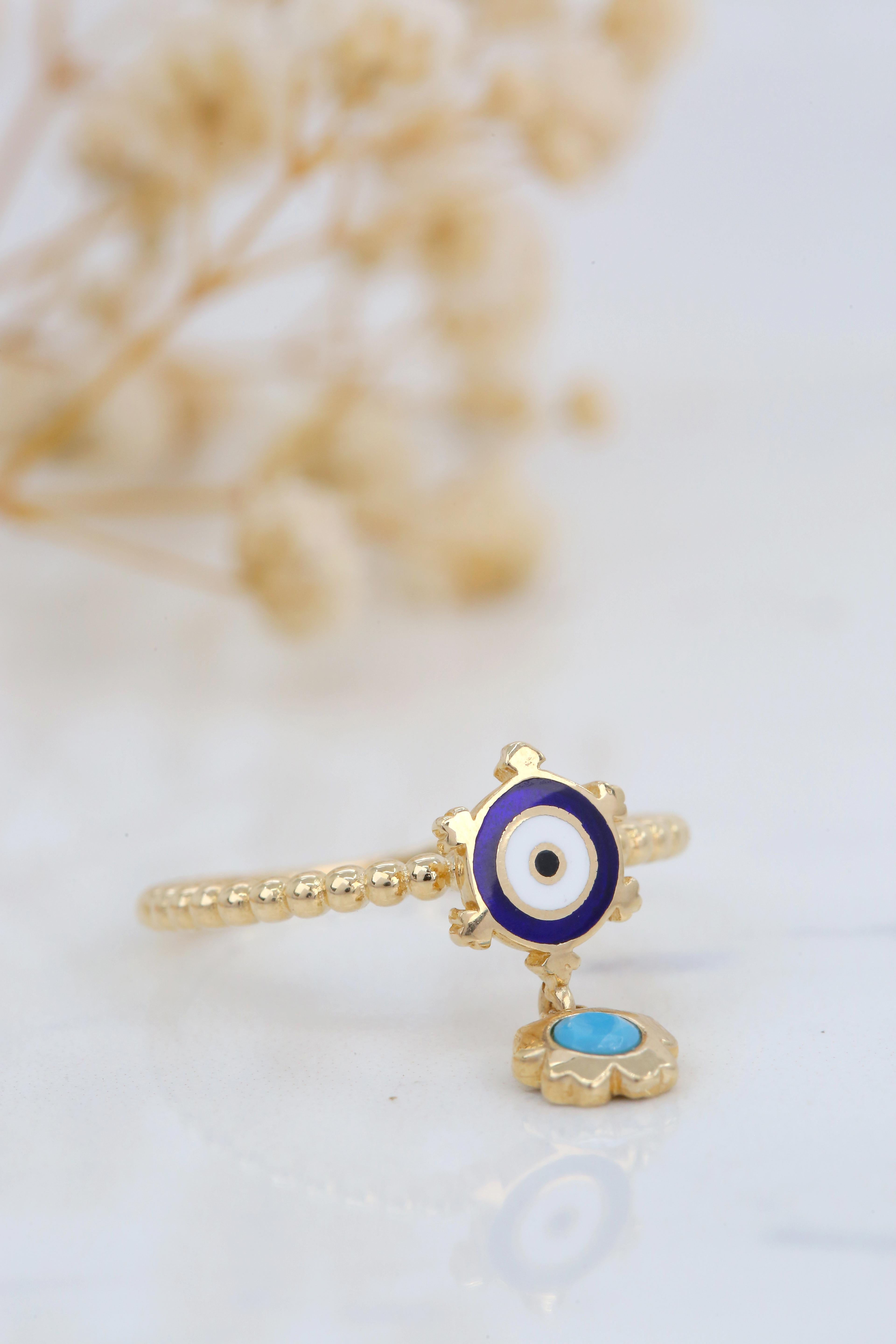 14K Gold Dainty Eye Enameled Rudder Ring with Turquoise Pendant 6