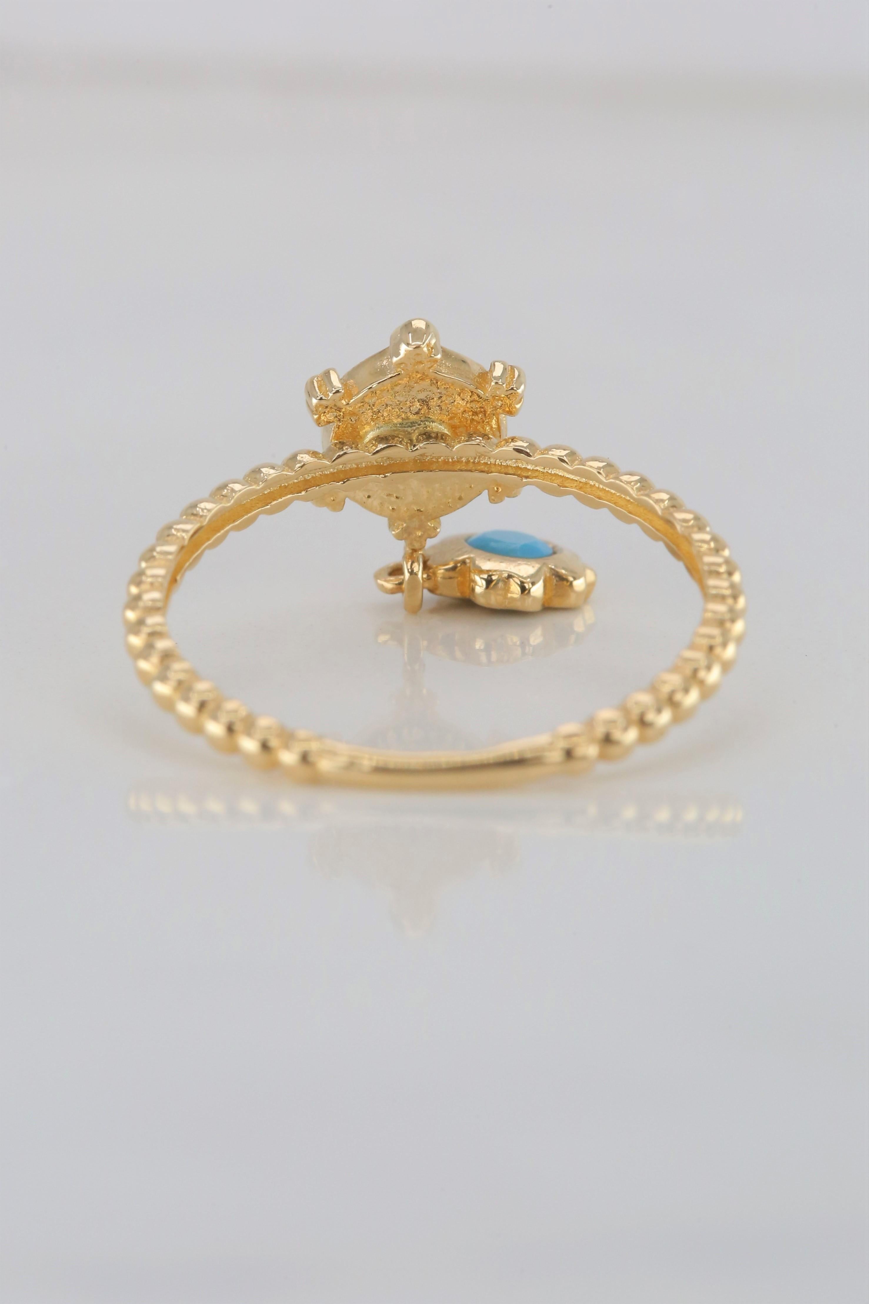 14K Gold Dainty Eye Enameled Rudder Ring with Turquoise Pendant 8