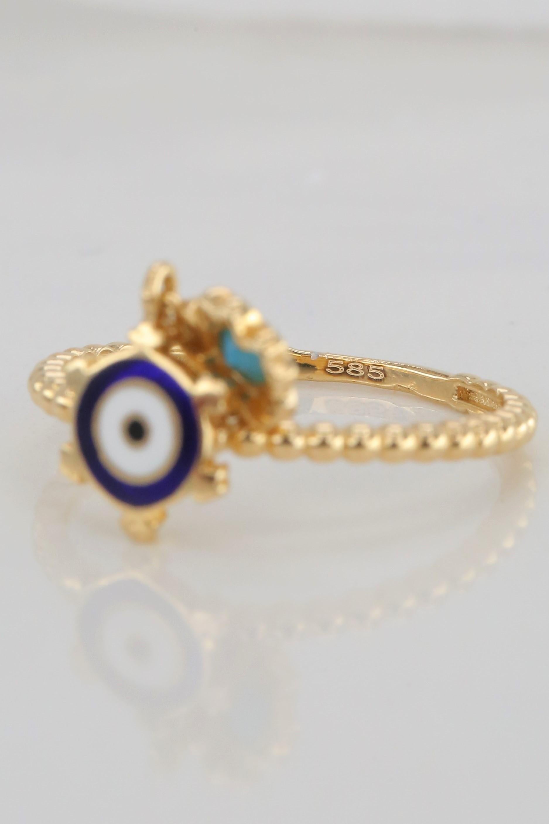 14K Gold Dainty Eye Enameled Rudder Ring with Turquoise Pendant 9