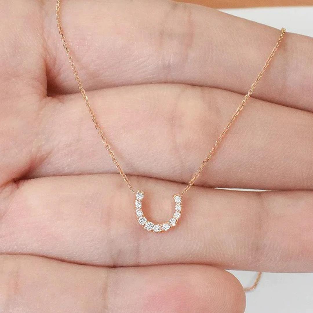 Round Cut 14k Gold Dainty Horseshoe Diamond Necklace Slim U Shape Necklace For Sale