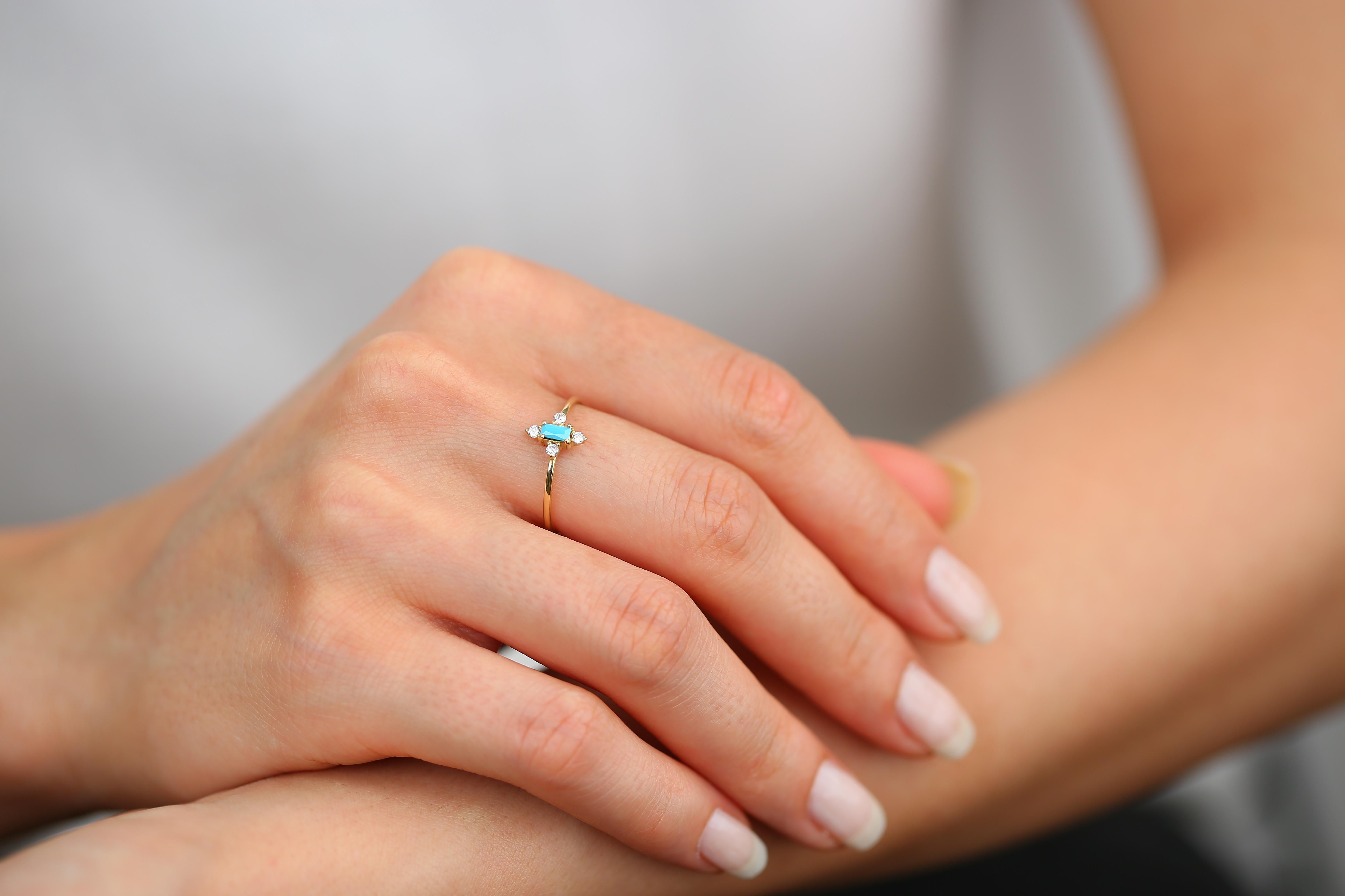 14K Gold Dainty Turquoise and Zircon Ring 2